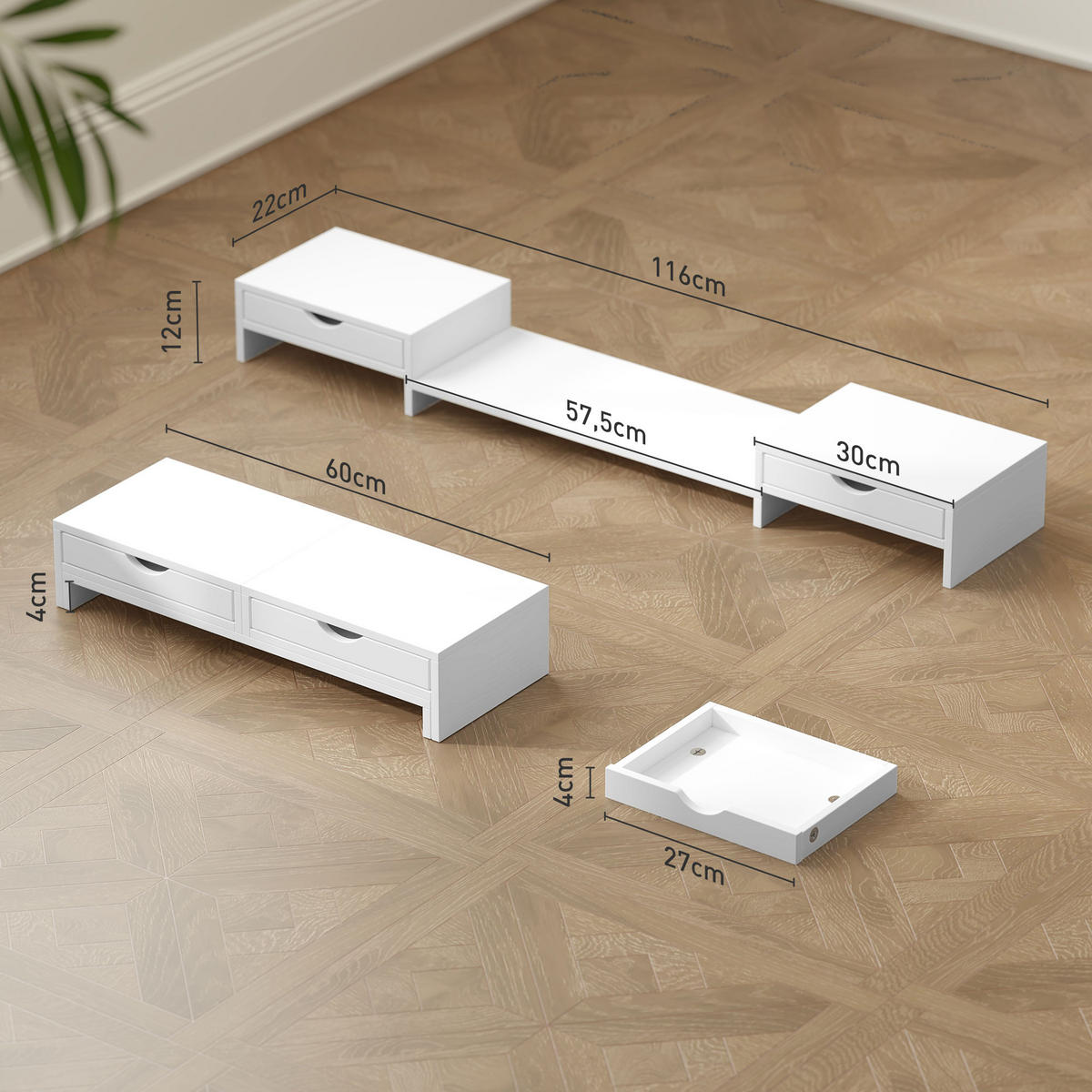 MONITORSTÄNDER DE-16700 ausziehbar 60-116 cm, 2 Schubladen, neigbar - Weiß, Holzwerkstoff (60/22/12cm) - ComfortXL