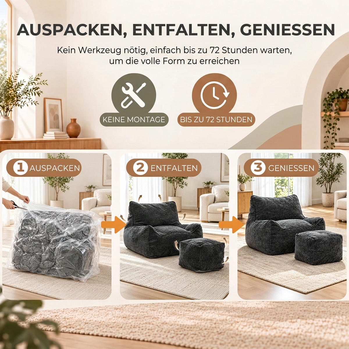 SITZSACK mit Hocker Polyester Grau - Grau, Textil (108/80/109cm) - HOMCOM