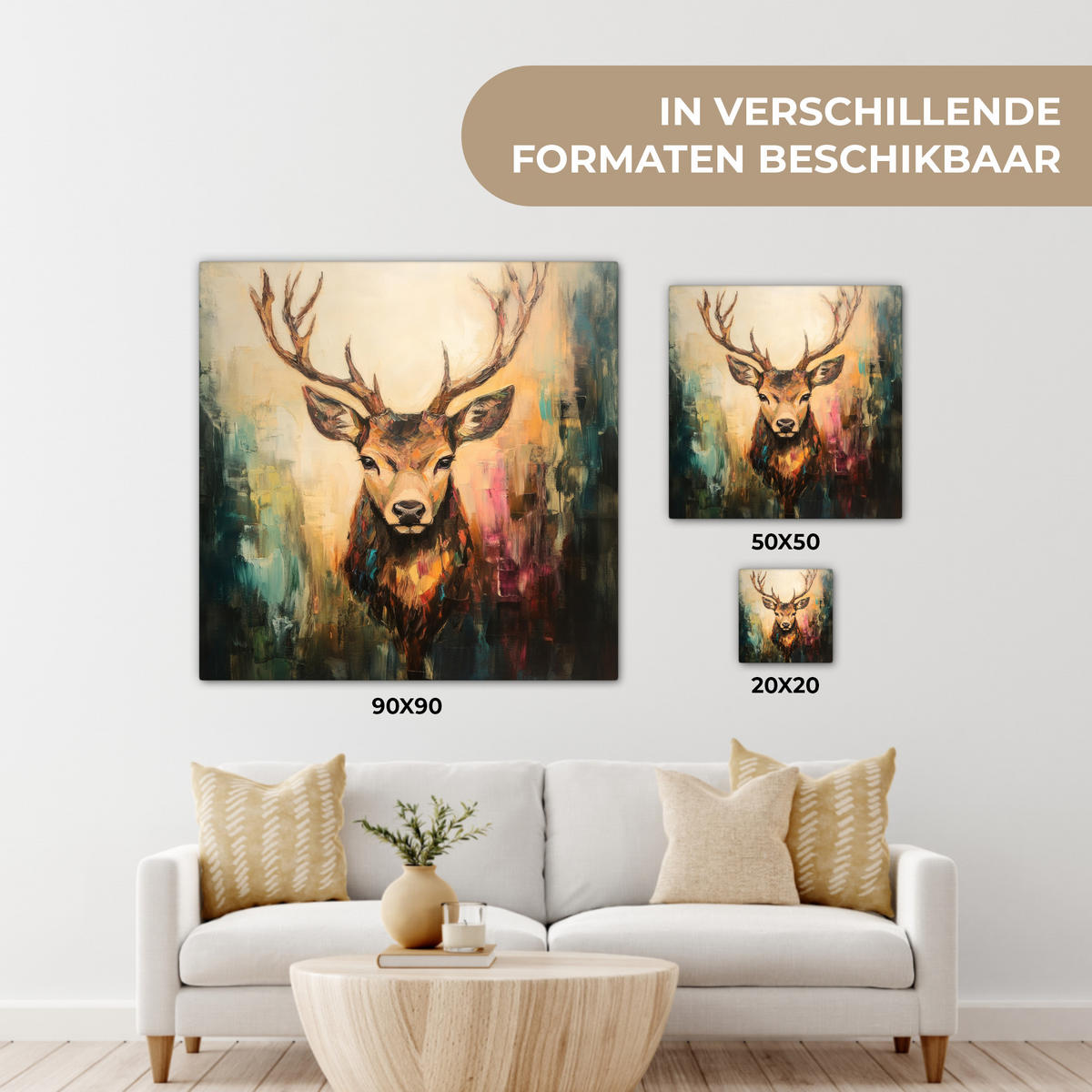 LEINWANDBILD Hirsch - Gemalt - Geweih - Braun 90x90 cm - Haselnussfarben, Textil (90/90cm) - MuchoWow