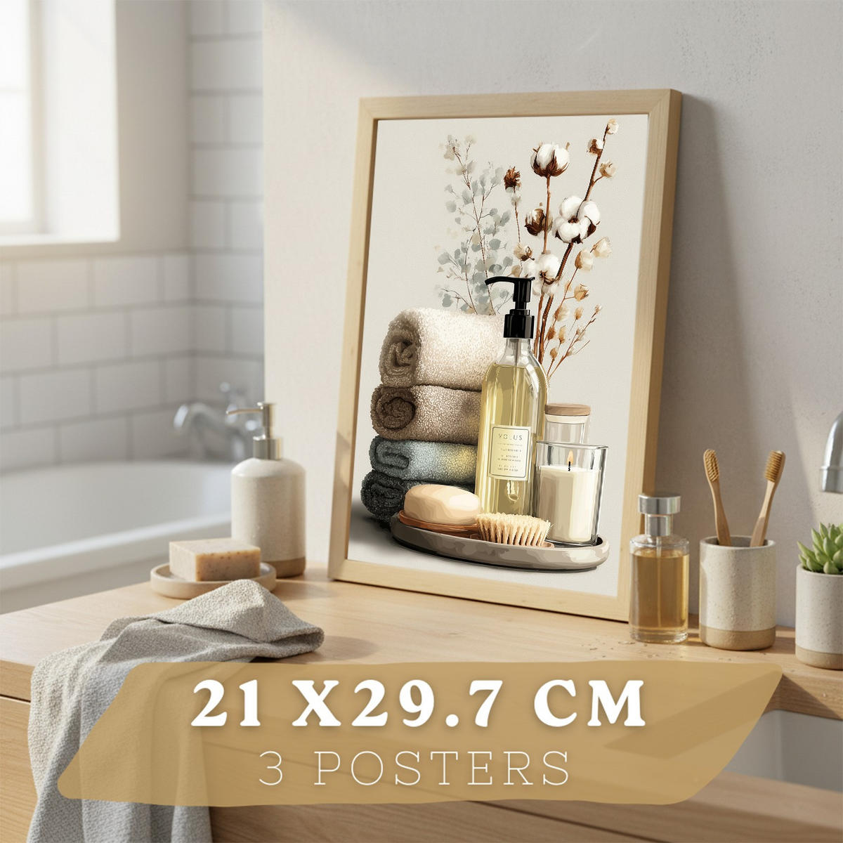 POSTER 3er-Set dekorative Badezimmer-Wandbilder und für Waschbecken, Dusche, WC mit Flaschen, Badesalz und Handtüchern, Leichter Holzrahmen A4 - Beige, Papier (29.7/21/3cm) - Nacnic