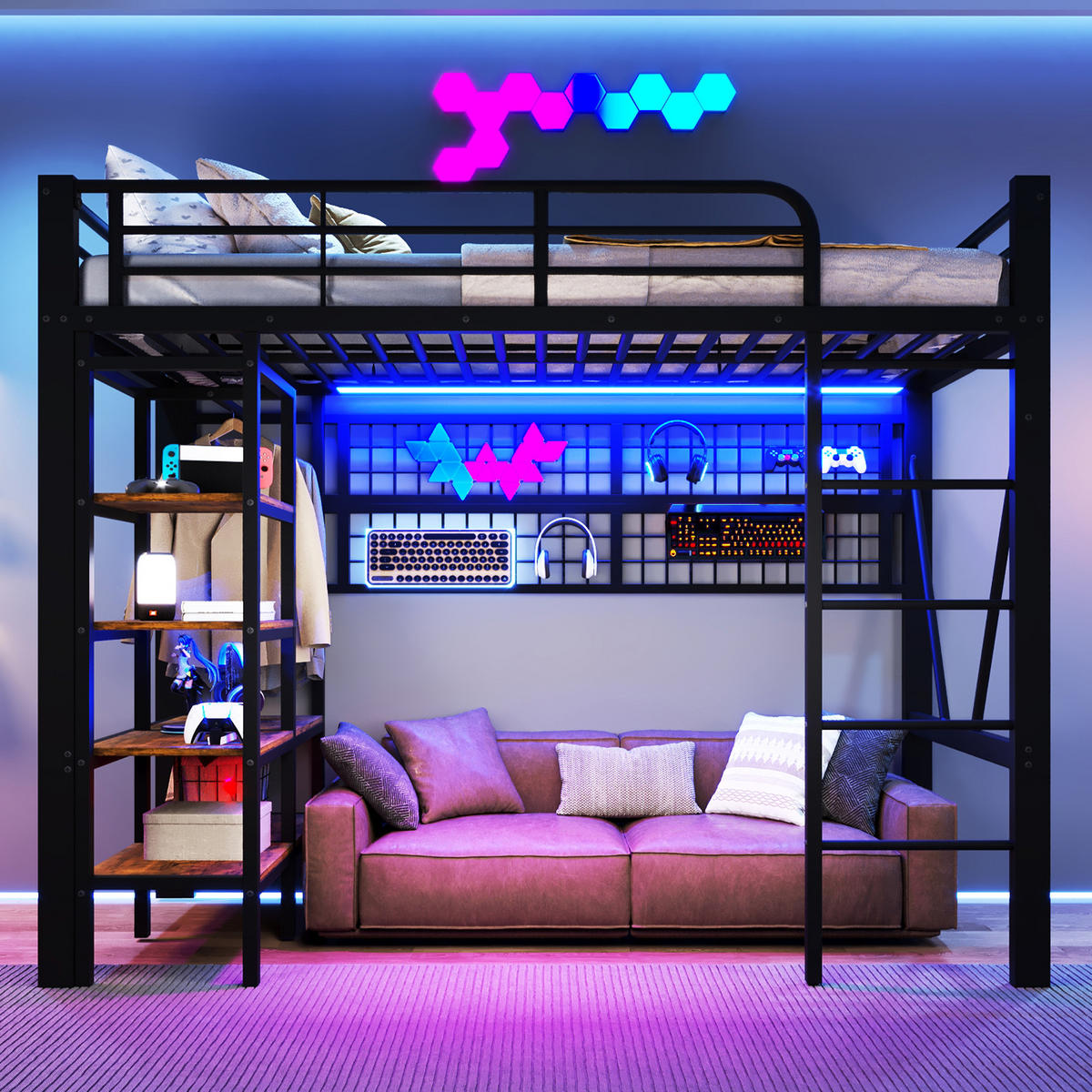 HOCHBETT 90/200 cm schwarz aus Metall mit App-steuerbarer LED-Leiste und Kleiderstange - Schwarz, Metall (90/200cm) - OKWISH