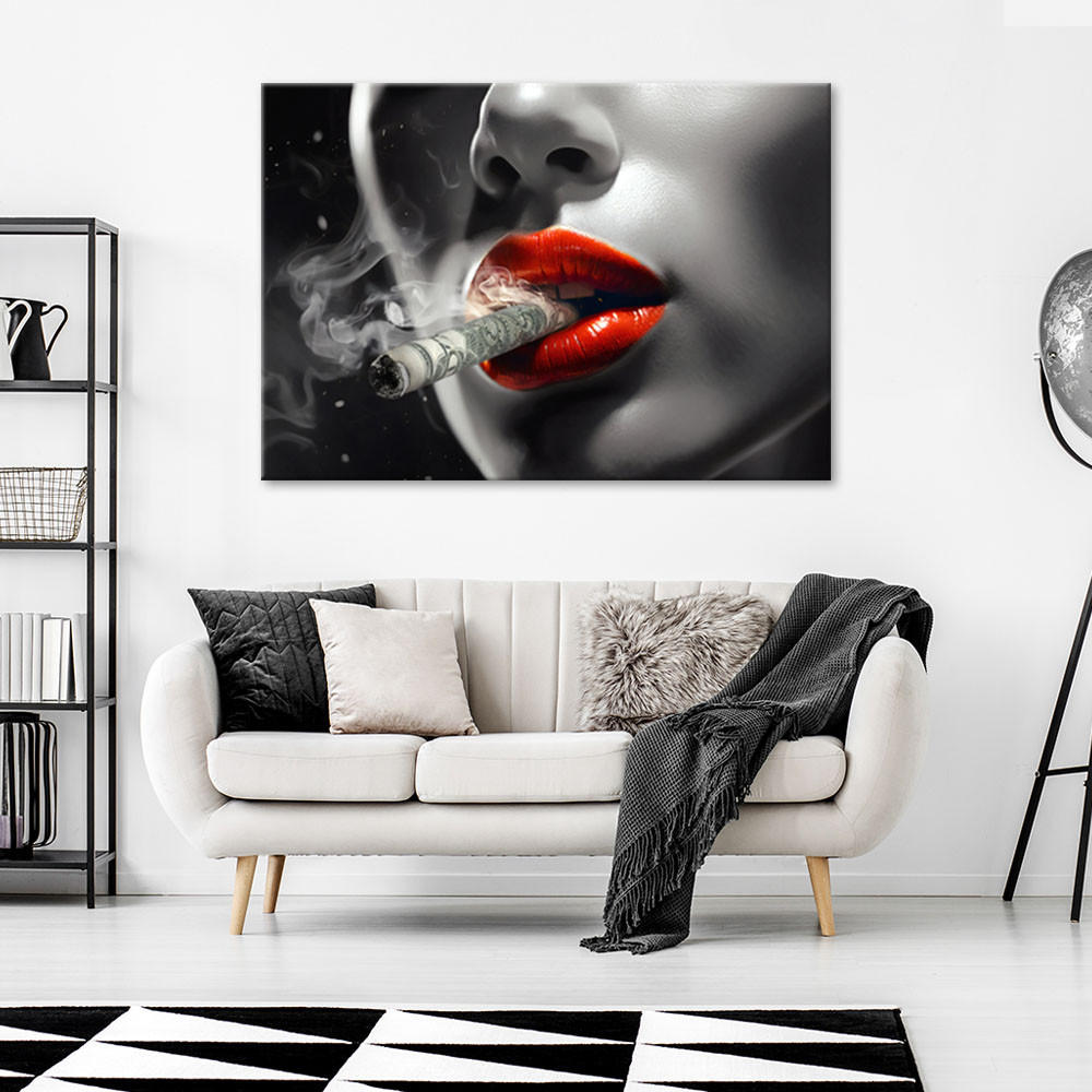 LEINWANDBILD Frau Mund Geld 120x80cm - Grau, Textil (120/80cm) - Feeby