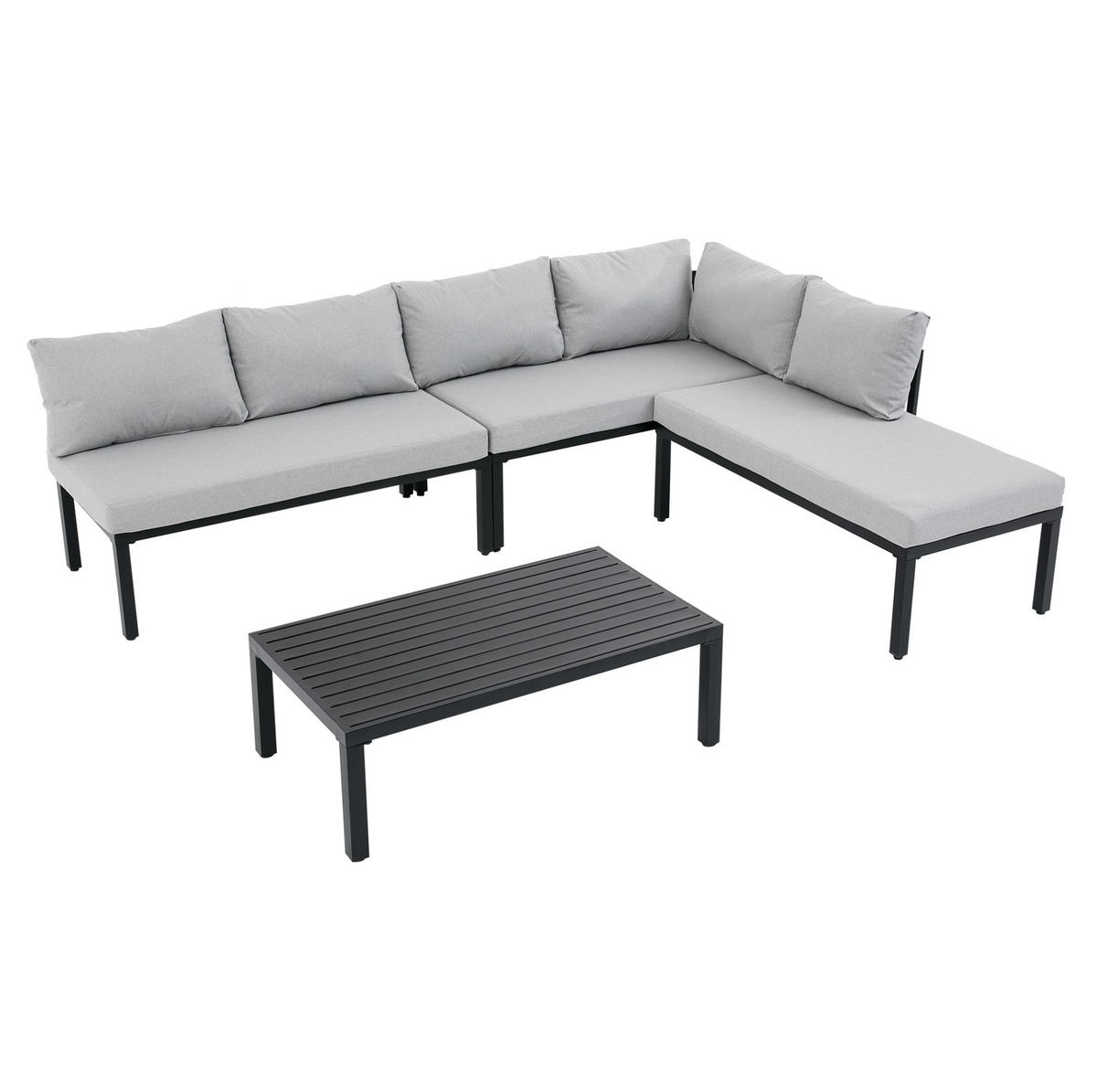 GARTENGARNITUR aus Polyester 6-Sitzer Grau mit modularem Sofa, abnehmbaren Rückenlehnen und Couchtisch - Grau, Metall - Modfu