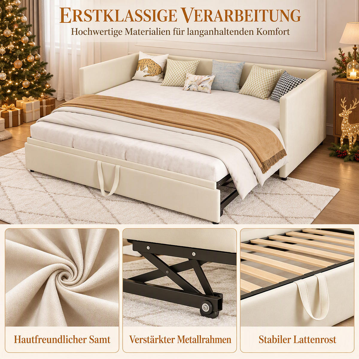 TAGESBETT 90/180/200 cm,Ausziehbar Schlafsofa,Beige - Beige, Holz/Metall (180/200cm) - PARAFTA HOME