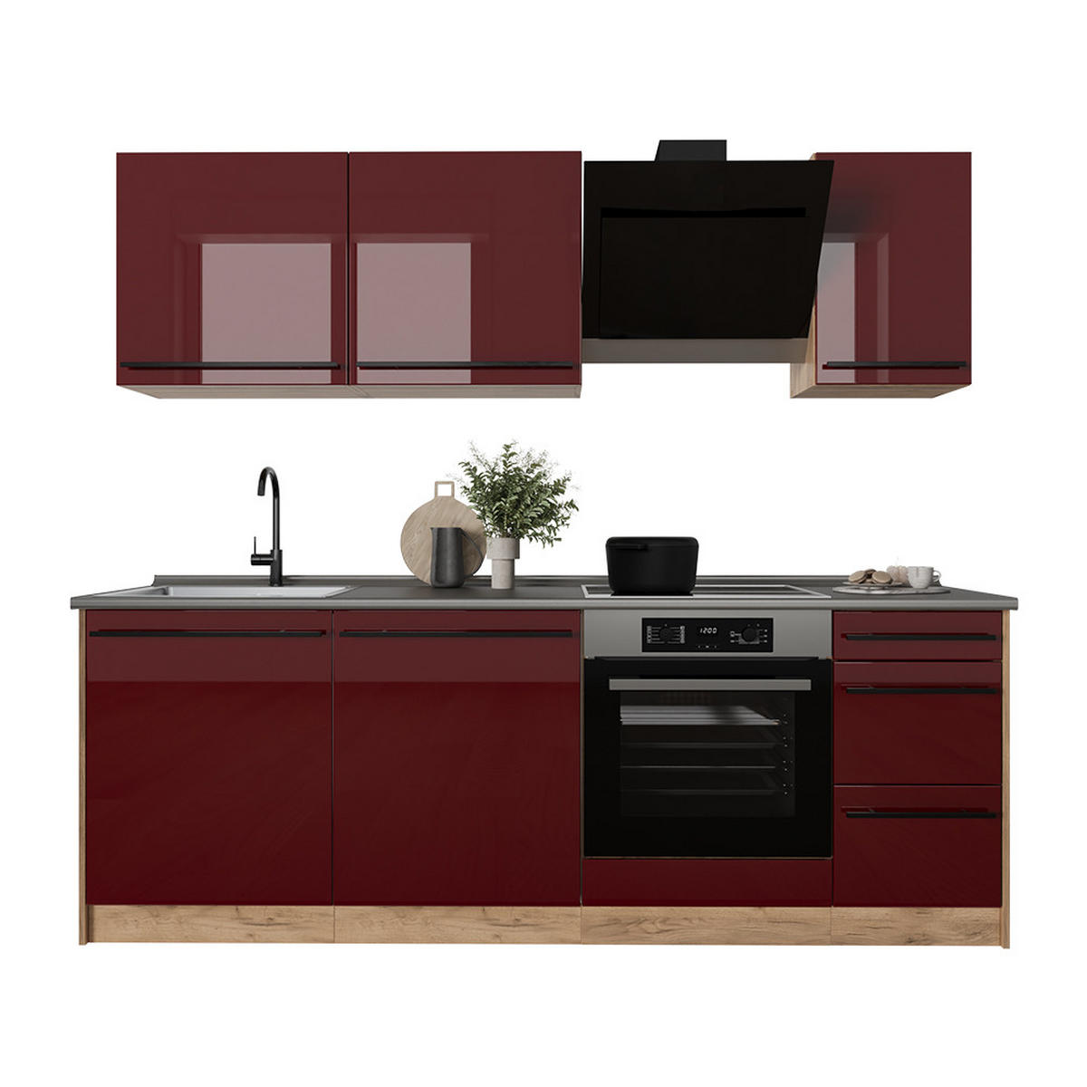 KÜCHENZEILE R-Line, Rot Hochglanz/Goldkraft Eiche, 220 cm Arbeitsplatte Goldkraft Eiche - Honigeiche/Rot, Holzwerkstoff (220/81.6/60cm) - Vicco
