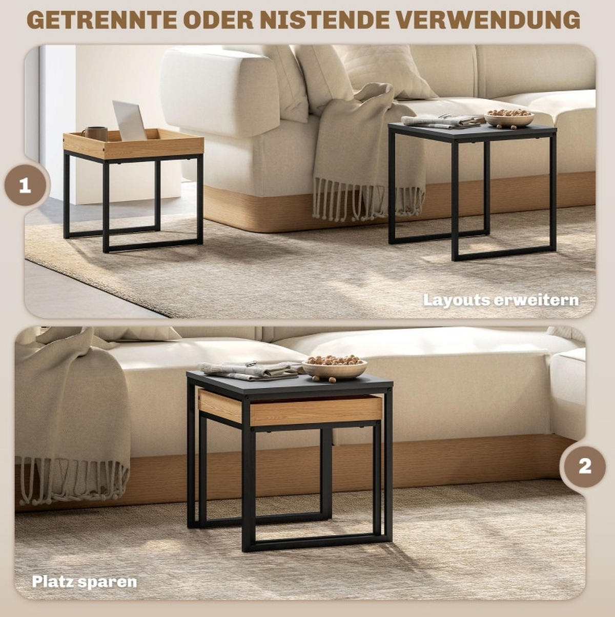COUCHTISCH 45/45/45 cm und 40/40/40 cm aus Stahl in Schwarz mit Tablett - Schwarz, Metall (45/45/45cm) - OKMYHOME