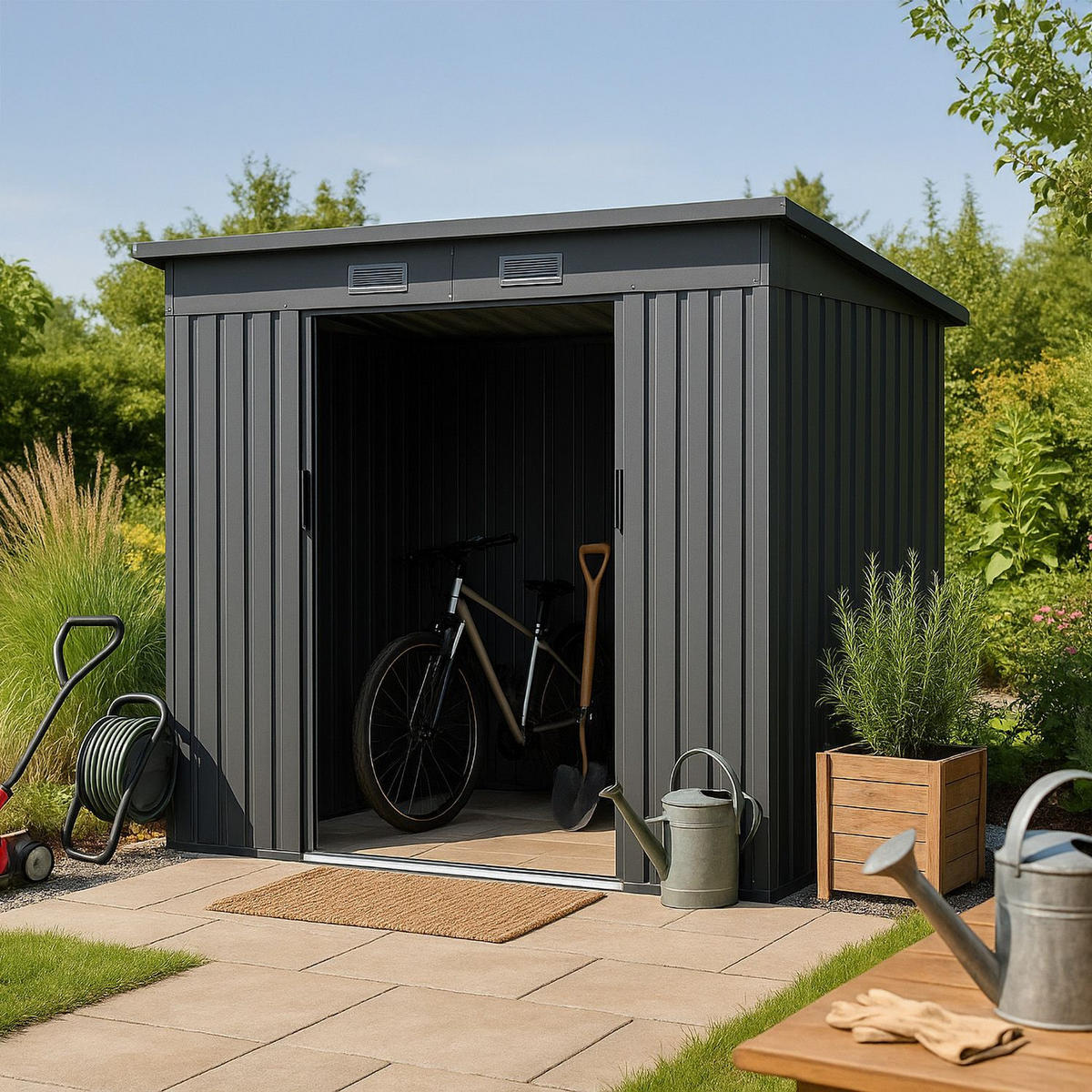 GERÄTESCHUPPEN M dunkelgrau - Dunkelgrau, Metall (218/174/132cm) - Juskys