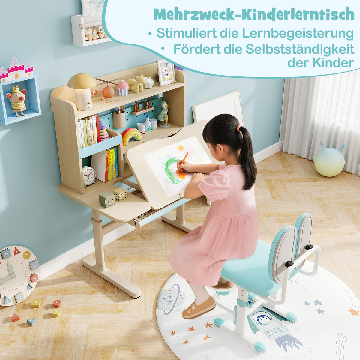 KINDERSCHREIBTISCH höhenverstellbar blau - Blau, Metall (100/111/60cm) - COSTWAY