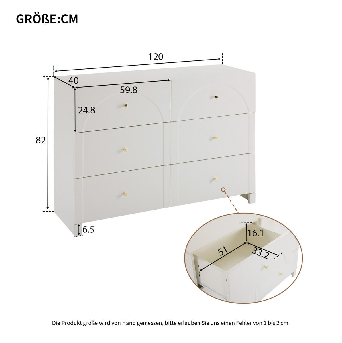KOMMODE 120/40/82 cm mit 6 Schubladen und Metallgriffen in Weiß - Weiß, Holzwerkstoff (40/82/120cm) - BEAOK