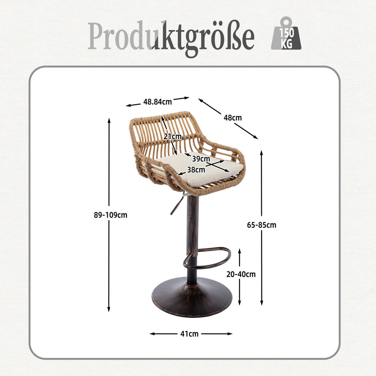BARHOCKER 2er Set Höhenverstellbar, 360° drehbar, Fußstütze, Rattan - Weiß, Metall (49/109/48cm) - PARAFTA HOME