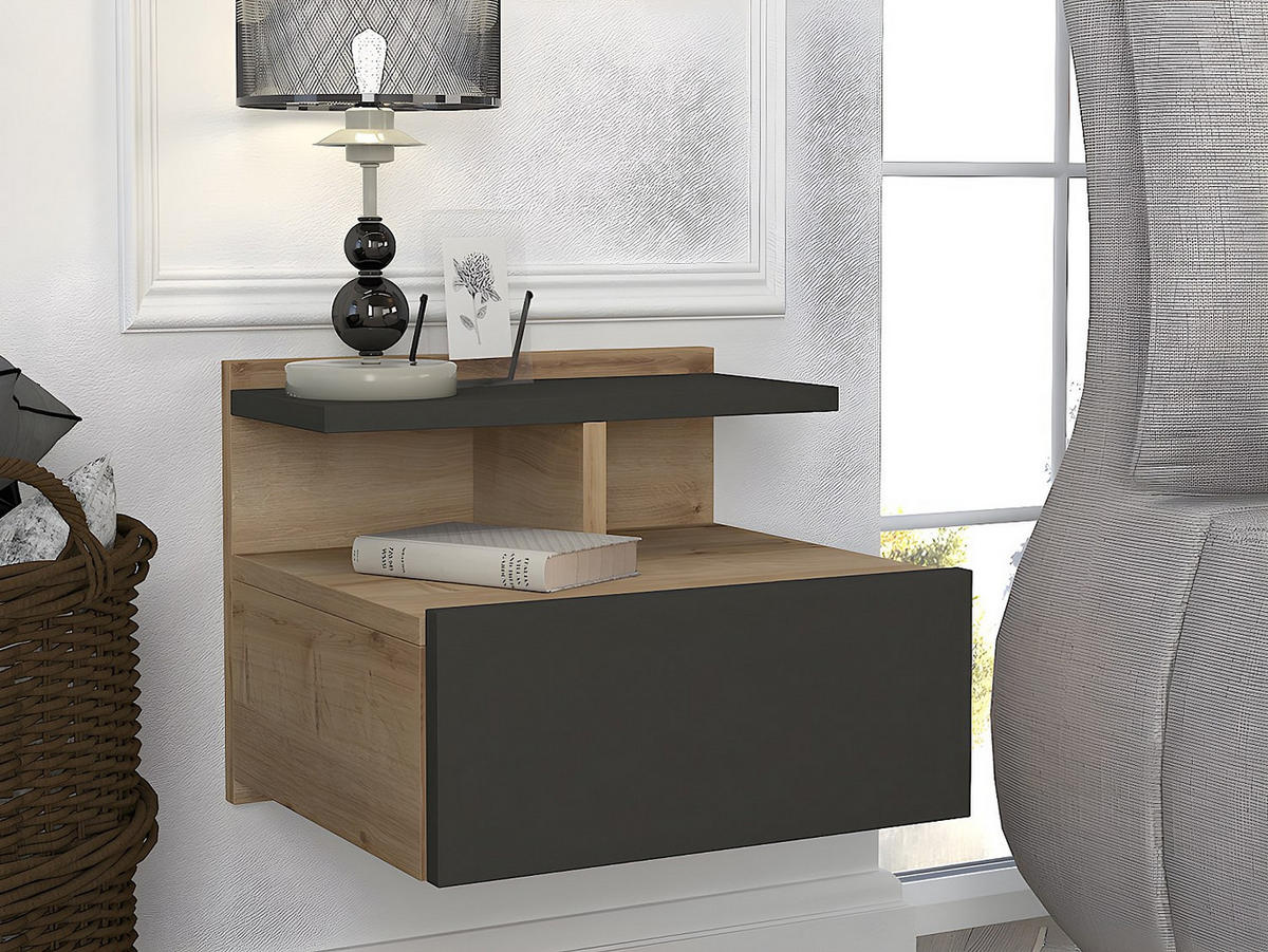 2ER-SET Nachttische hängend - 1 Schublade - Holzfarben & Anthrazit - AZELNO - Anthrazit, Holz (39.4/32/35cm) - Vente-Unique