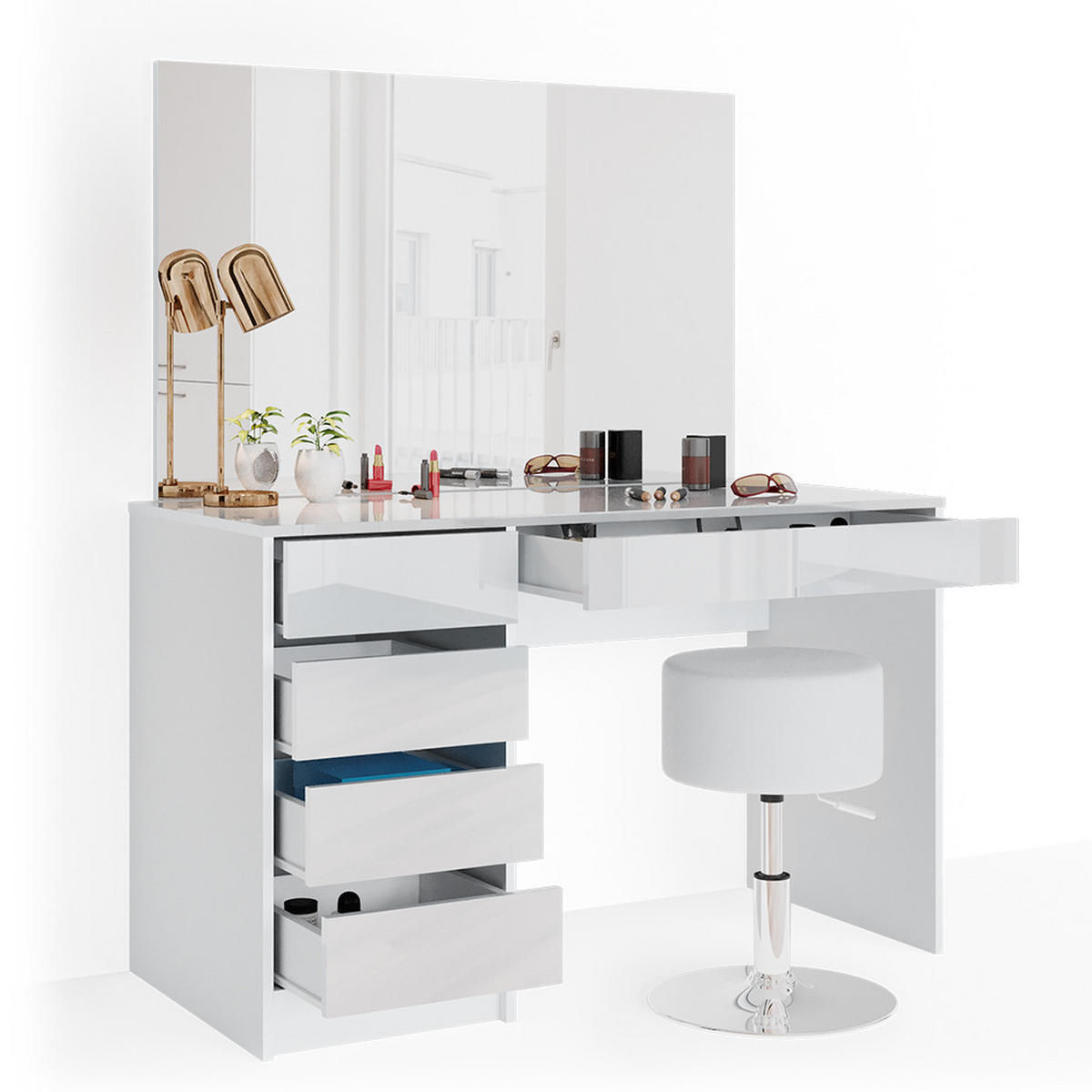 SCHMINKTISCH-SET Sherry Weiß 120 cm mit Hocker - Weiß, Holzwerkstoff (120/75/55cm) - Vicco