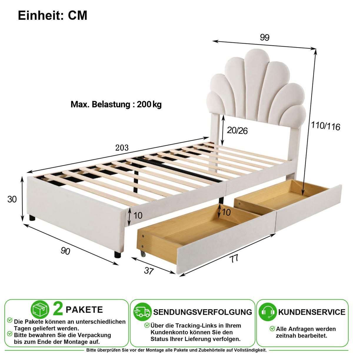 KINDERBETT 90/200 cm in Beige mit 2 Schubladen Samt - Beige, Holzwerkstoff/Textil (90/200cm) - CHICFURN