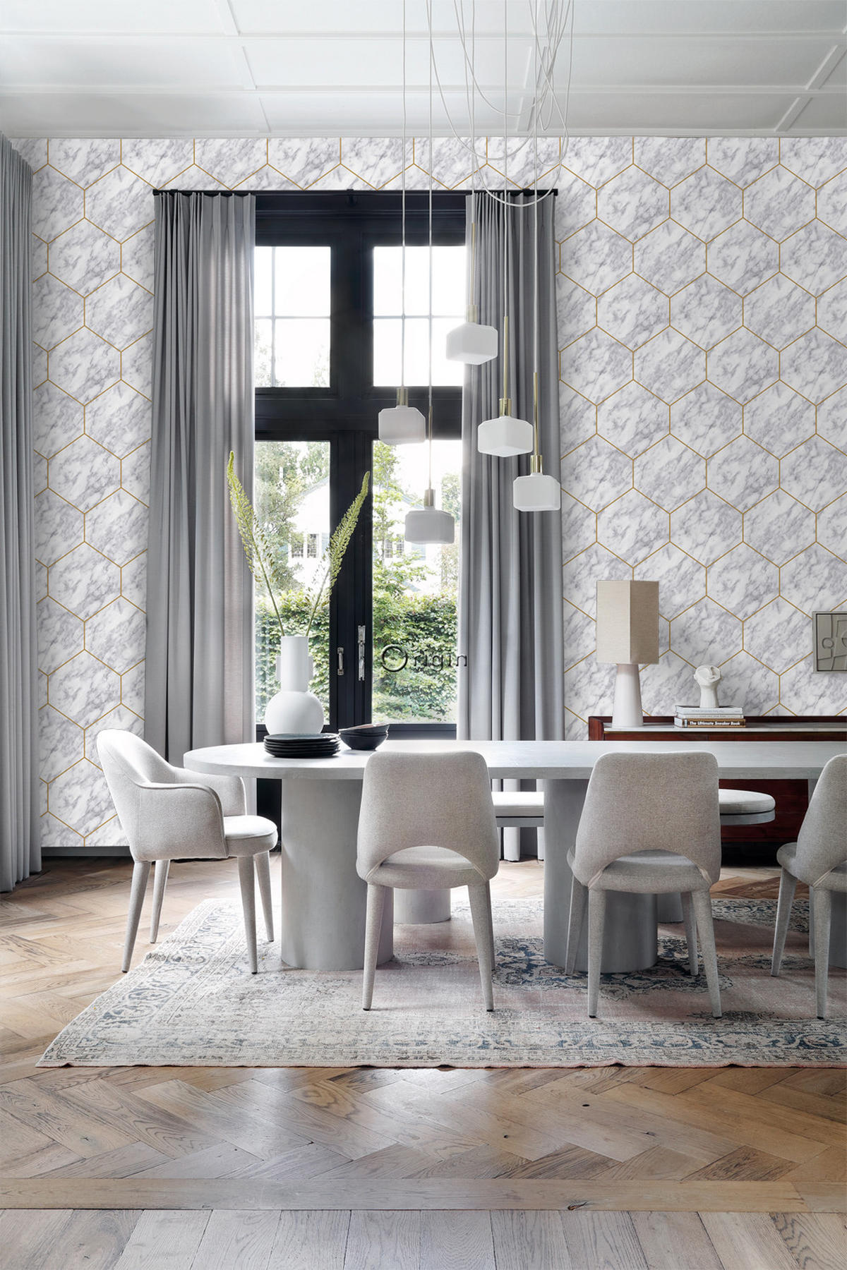 TAPETE Wabenmuster mit Marmoreffekt 50 x 900 cm - Weiß, Papier (50/900cm) - Origin Wallcoverings