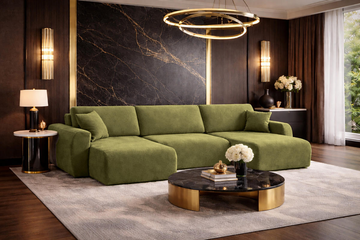 ECKSOFA Mit Schlaffunktion Und Bettkasten U-Form Ariel U, Veloursstoff Salvador, Olive - Olivgrün, Holz (342/142cm) - Kaiser Möbel