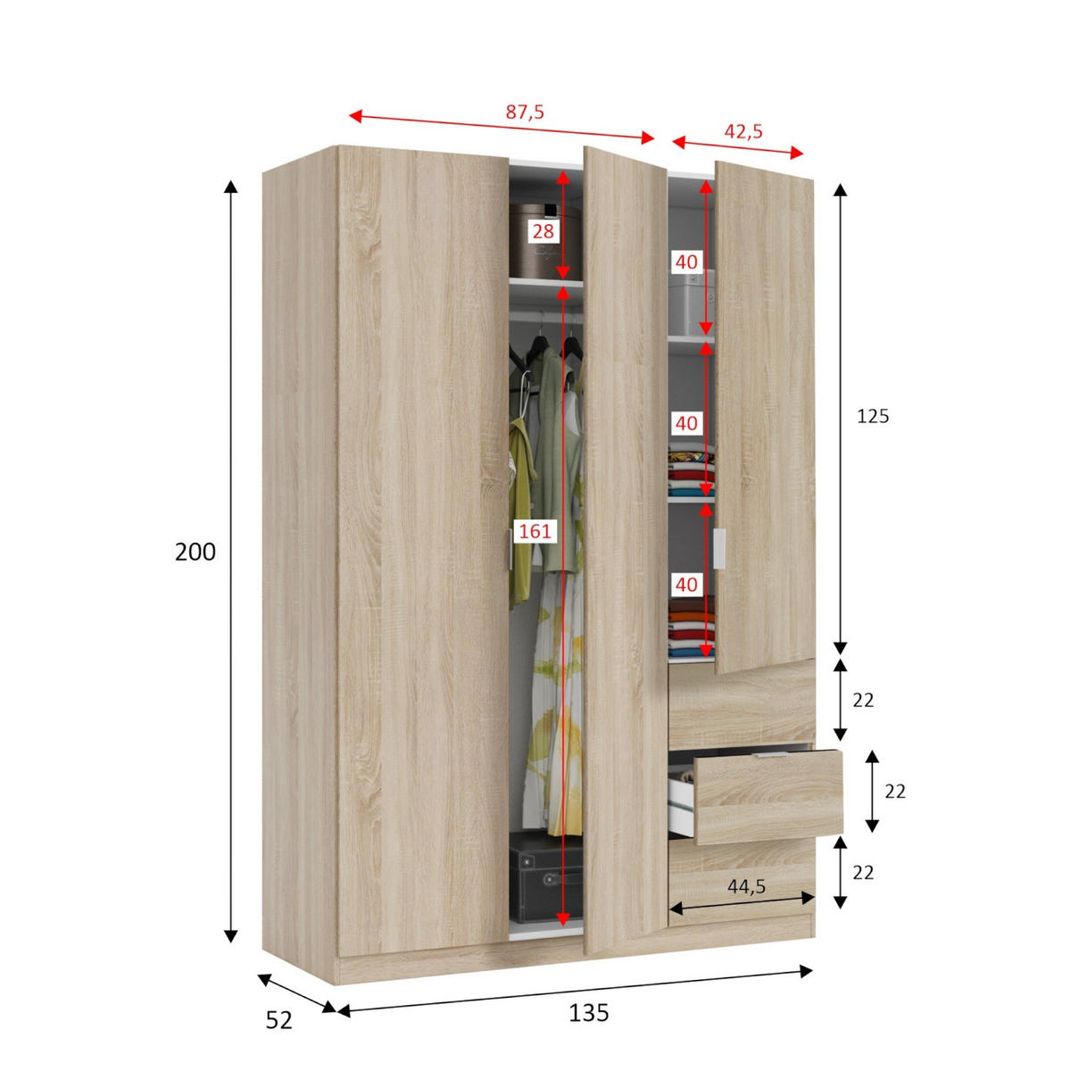 KLEIDERSCHRANK 3 TÜREN Eiche 52/135/200 cm - Braun, Holzwerkstoff (135/200/52cm) - DMORA