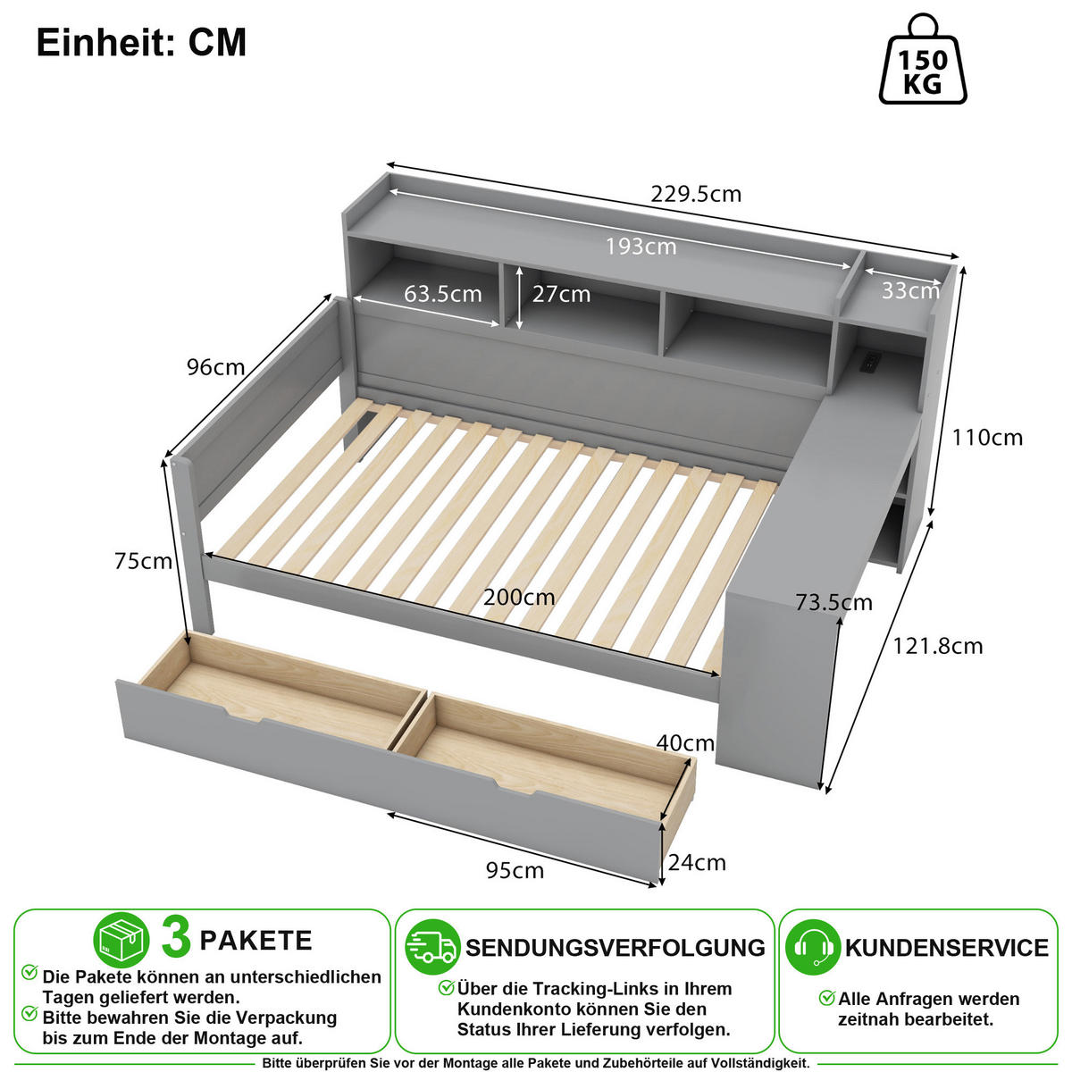 SCHLAFSOFA 90/200 cm in Grau mit 2 Schubladen, USB, Steckdose und Schreibtisch - Grau, Holz/Holzwerkstoff (90/200cm) - CHICFURN