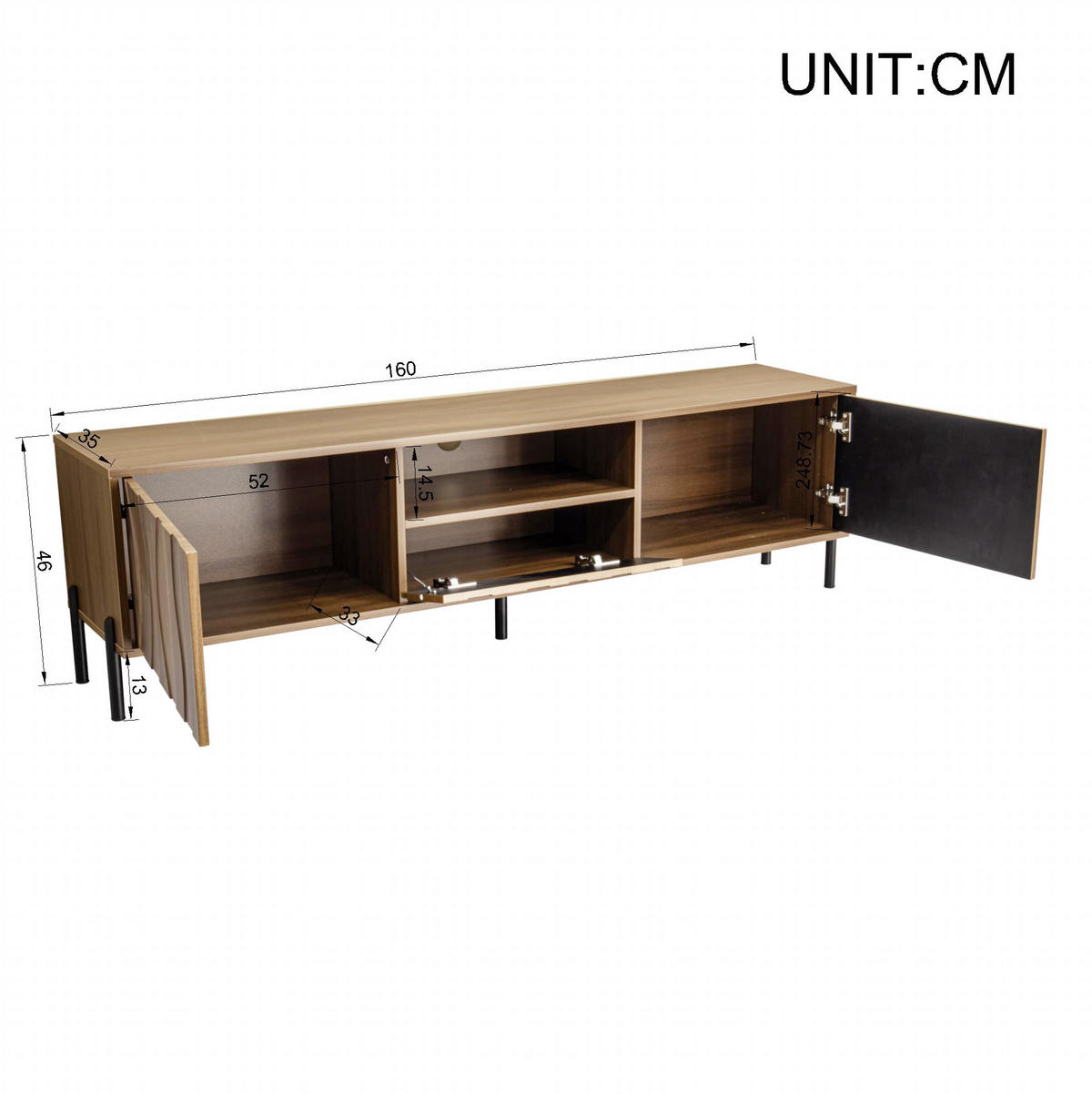 TV-SCHRANK aus MDF 160x35x46 cm Natur mit Kabeldurchführung und Stauraum, wellenförmiges Türdesign - Naturfarben, Holzwerkstoff (160/46/35cm) - Modfu