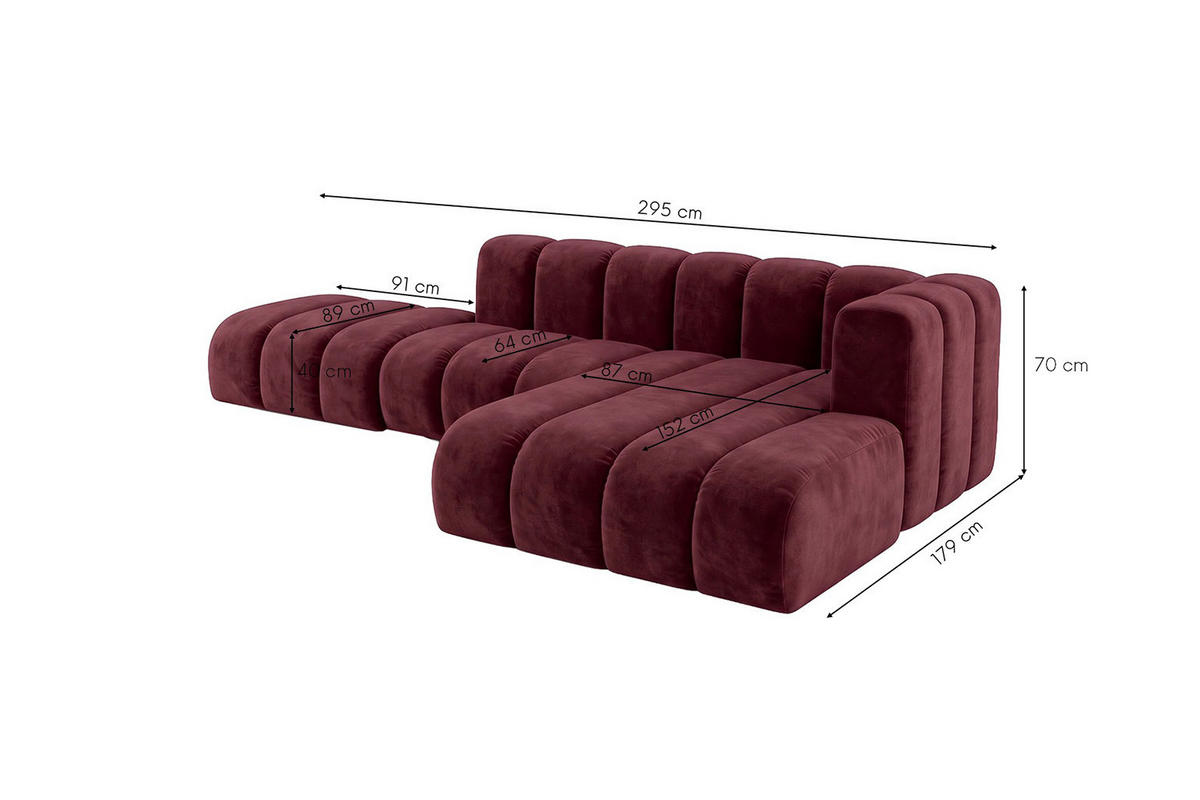 ECKSOFA Modulares In L-Form Mit Hocker, Velvet-Stoff Riviera, Rotwein, Rechts, GRAND Mini - Dunkelrot, Holz (295/179cm) - Kaiser Möbel
