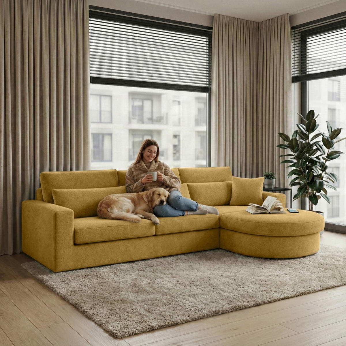 ECKSOFA Pablo ohne Schlaffunktion, mit abgerundeter Ottomane, rechts, Gelb, Velourstoff - Gelb, Textil (319/196cm) - Beautysofa