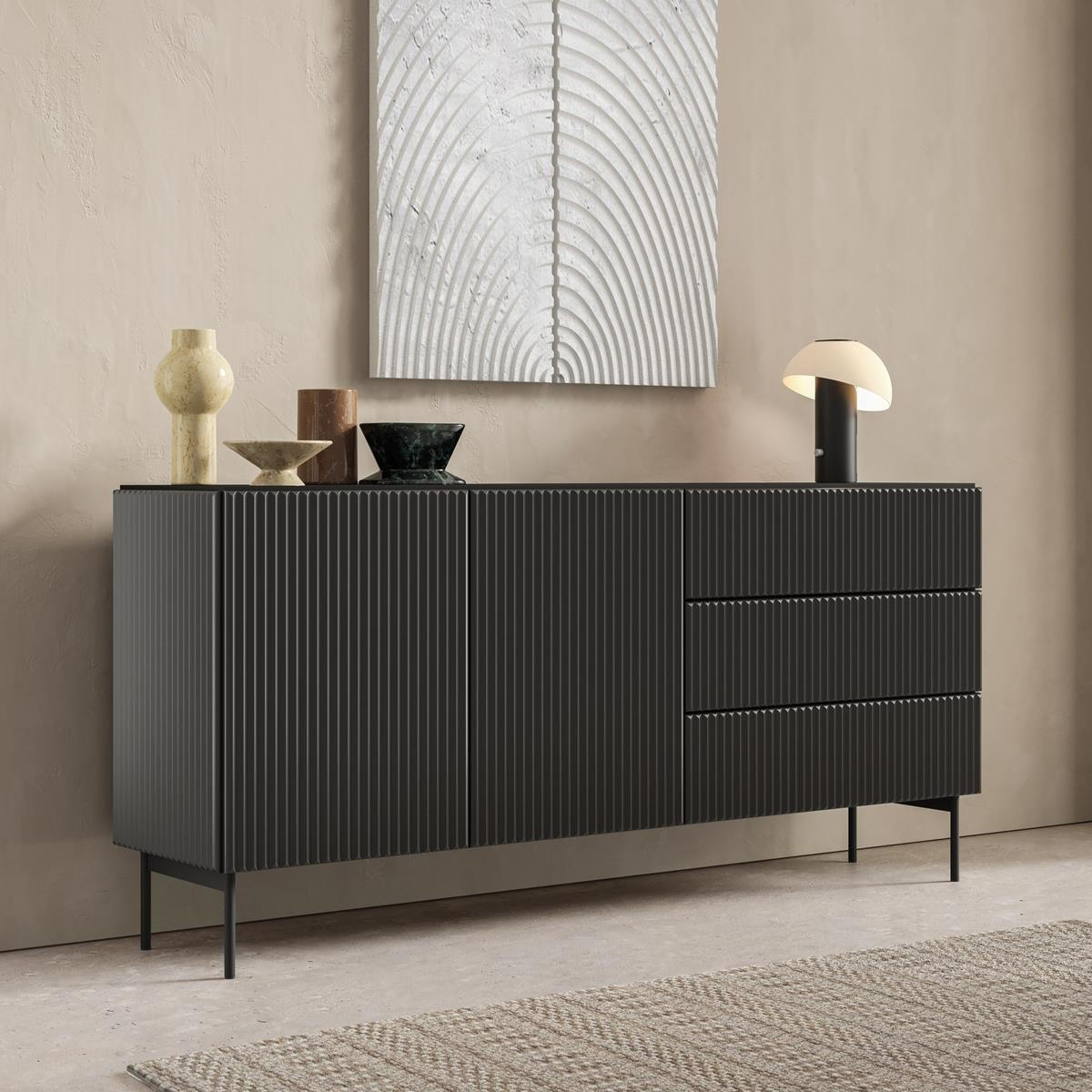 SIDEBOARD Tutti Schwarz, zweitürige mit Schubladen - Schwarz, Holzwerkstoff/Metall (177/81/40cm) - Bettso