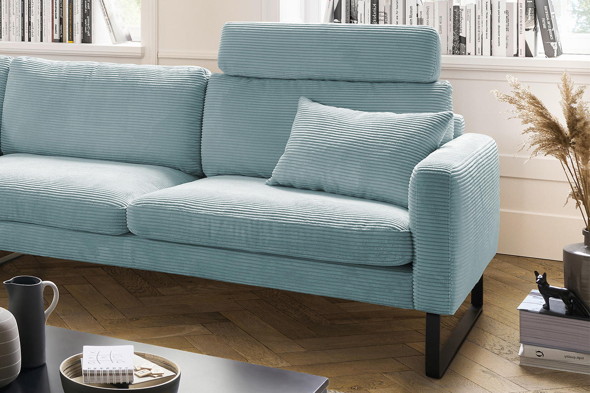 ECKSOFA RICARDA Hellblau Cord - Schwarz/Hellblau, Textil/Metall (298/154cm) - KAWOLA