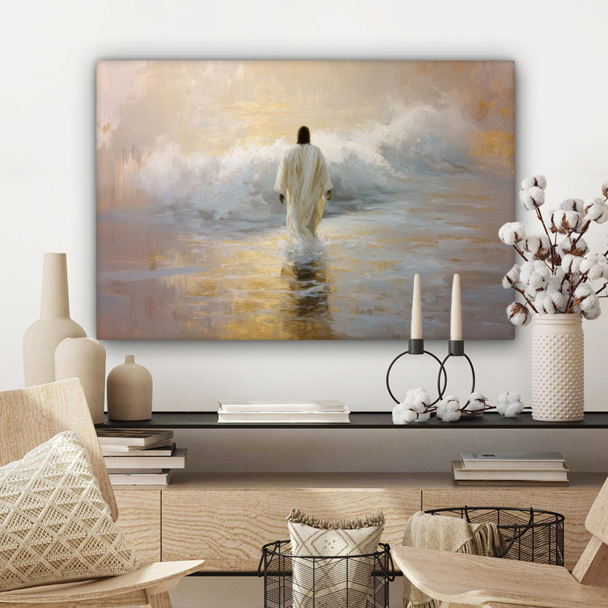 LEINWANDBILD Gemälde - Welle - Jesus - Abstrakt Gemälde 60x40 cm - Goldfarben, Textil (60/40cm) - MuchoWow