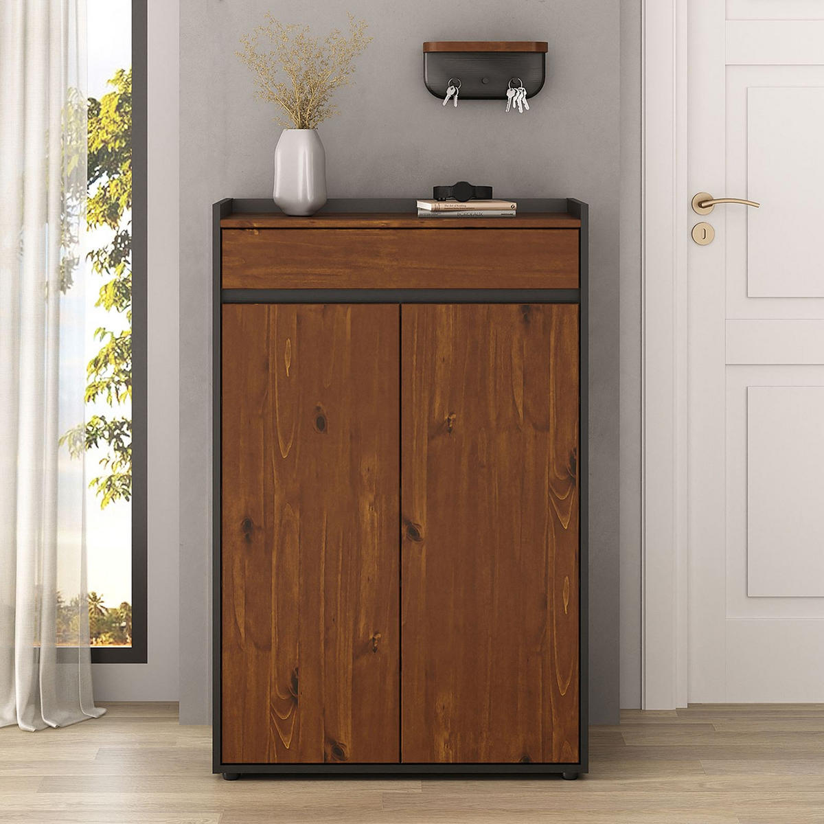 SCHUHSCHRANK TILO schwarz/Kastanie - Kastanienfarben/Schwarz, Holz (74/114/35cm) - IDIMEX