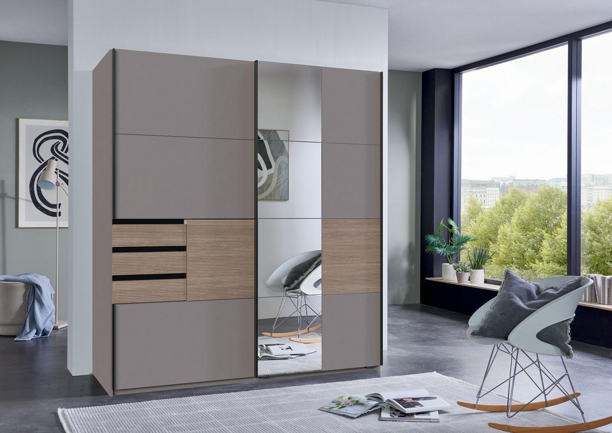 KLEIDERSCHRANK Bremen in Saharagrau mit Absetzungen in Multiplex 180 x 198 x 65 cm (B/H/T) – Schwebetürenschrank mit Spiegel - Grau, Holzwerkstoff (120/200/80cm)