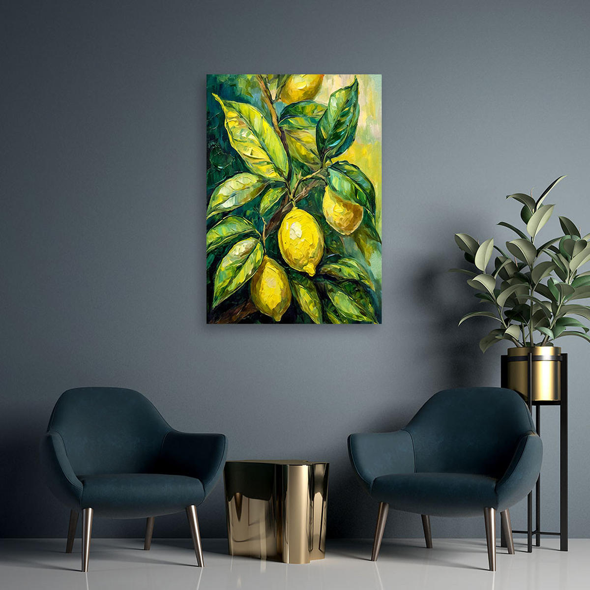 LEINWANDBILD Zitronen Acryl - Grün, Textil (80/120cm) - Feeby