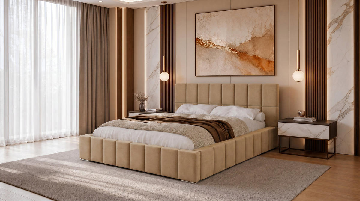 POLSTERBETT 200x200 cm, Alma, Doppelbett mit Bettkasten, Lattenrost aus Holz, Velourstoff, Beige - Beige, Holz/Textil (200/200cm) - Marpur