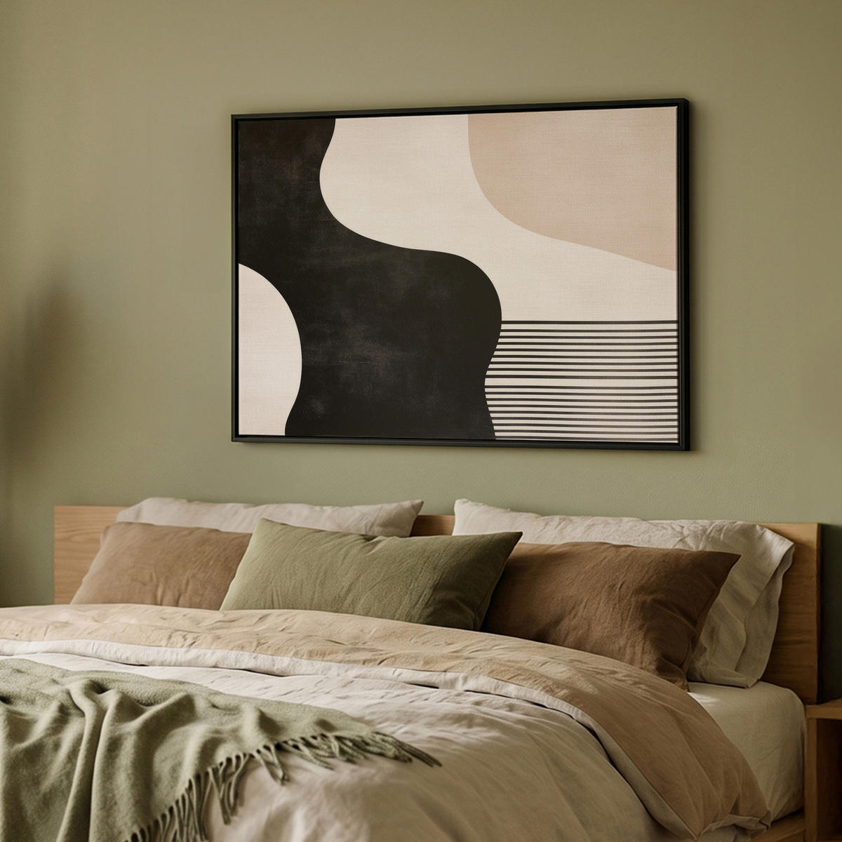 LEINWAND Bilder mit Rahmen - Abstrakt - Japandi - Beige - Modern - 100x70 - Schwarz, Textil (100/70cm) - MuchoWow