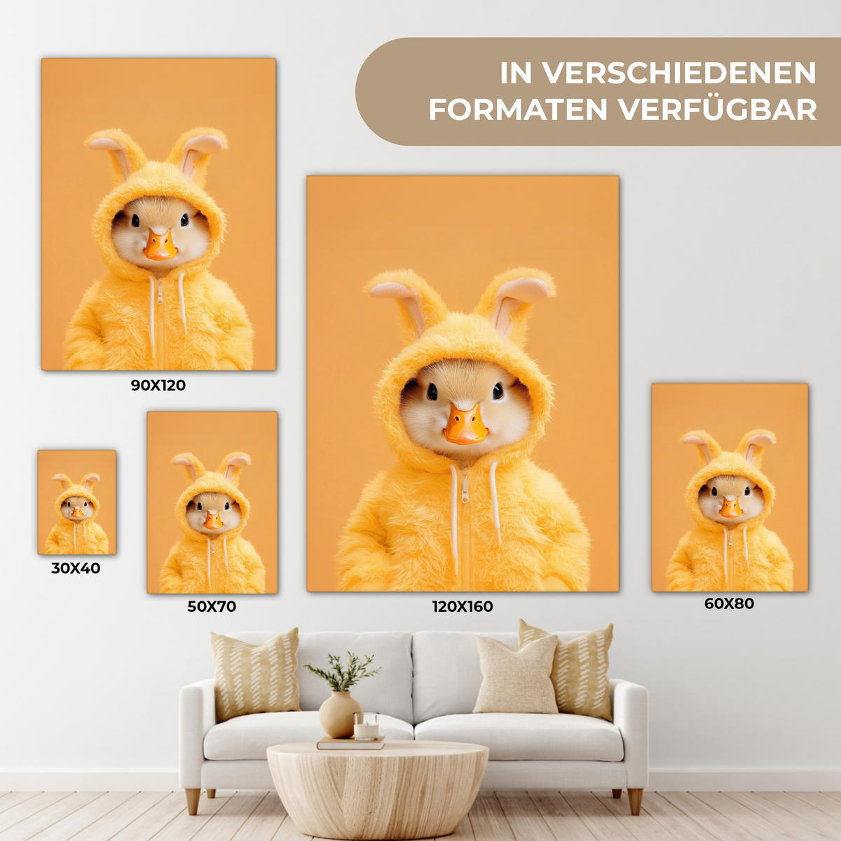LEINWANDBILD Osterhase - Kostüm - Ente Wandbild Wohnzimmer 60x80 cm - Gelb, Textil (60/80cm) - MuchoWow