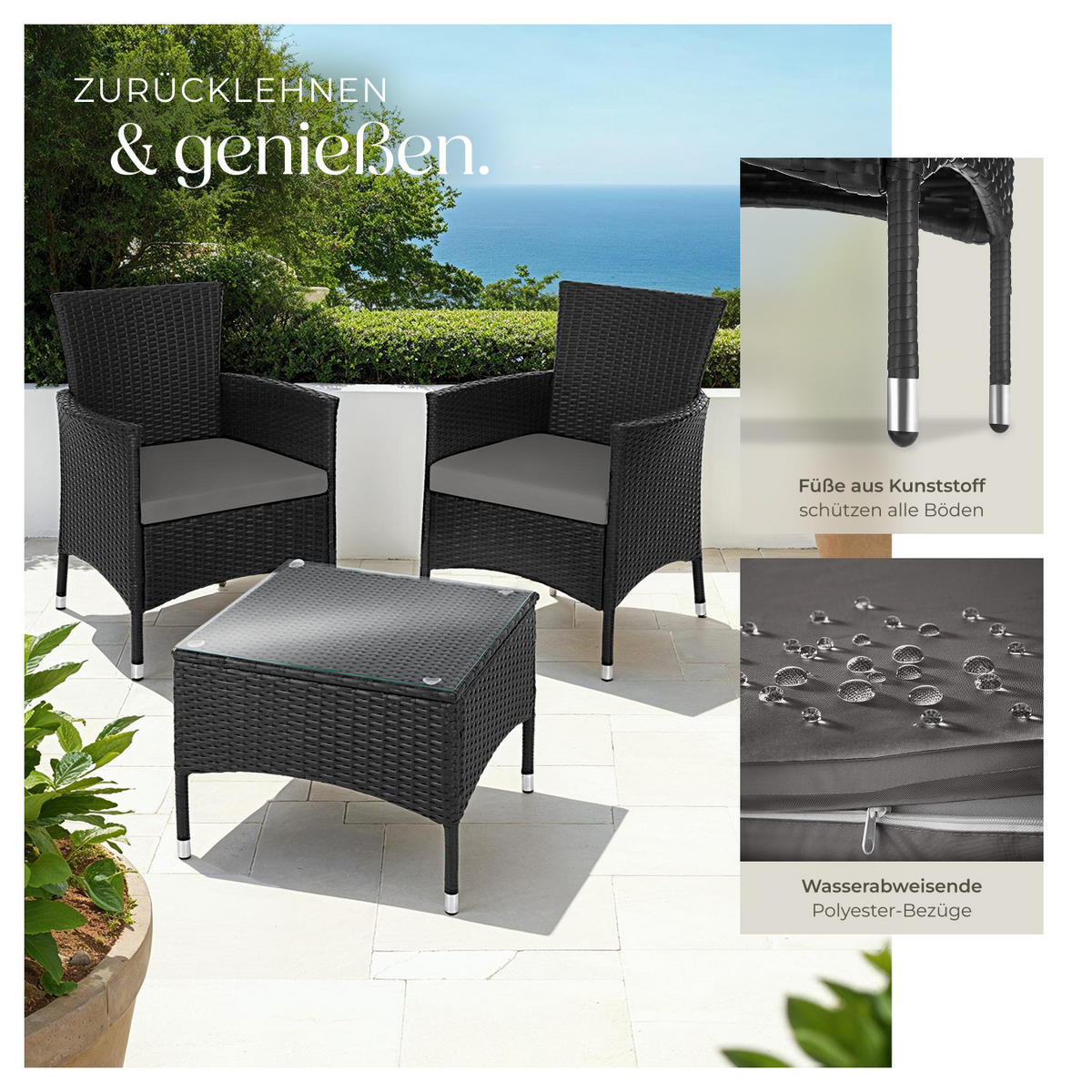 RATTANSET Luzern,2 Bezugssets,schwarz - Schwarz, Kunststoff - tectake