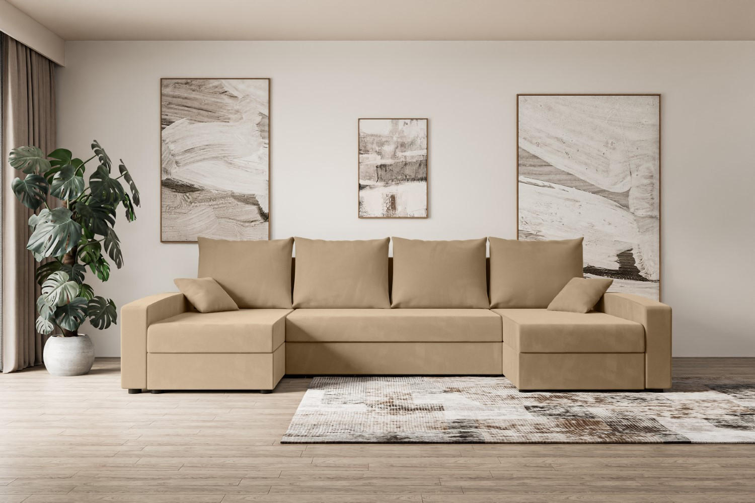 WOHNLANDSCHAFT mit Schlaffunktion und Bettkasten ALESIA-U 301x140x90 cm Beige Velours - Beige/Silberfarben, Holzwerkstoff/Kunststoff (301/90/140cm) - ALTDECOR