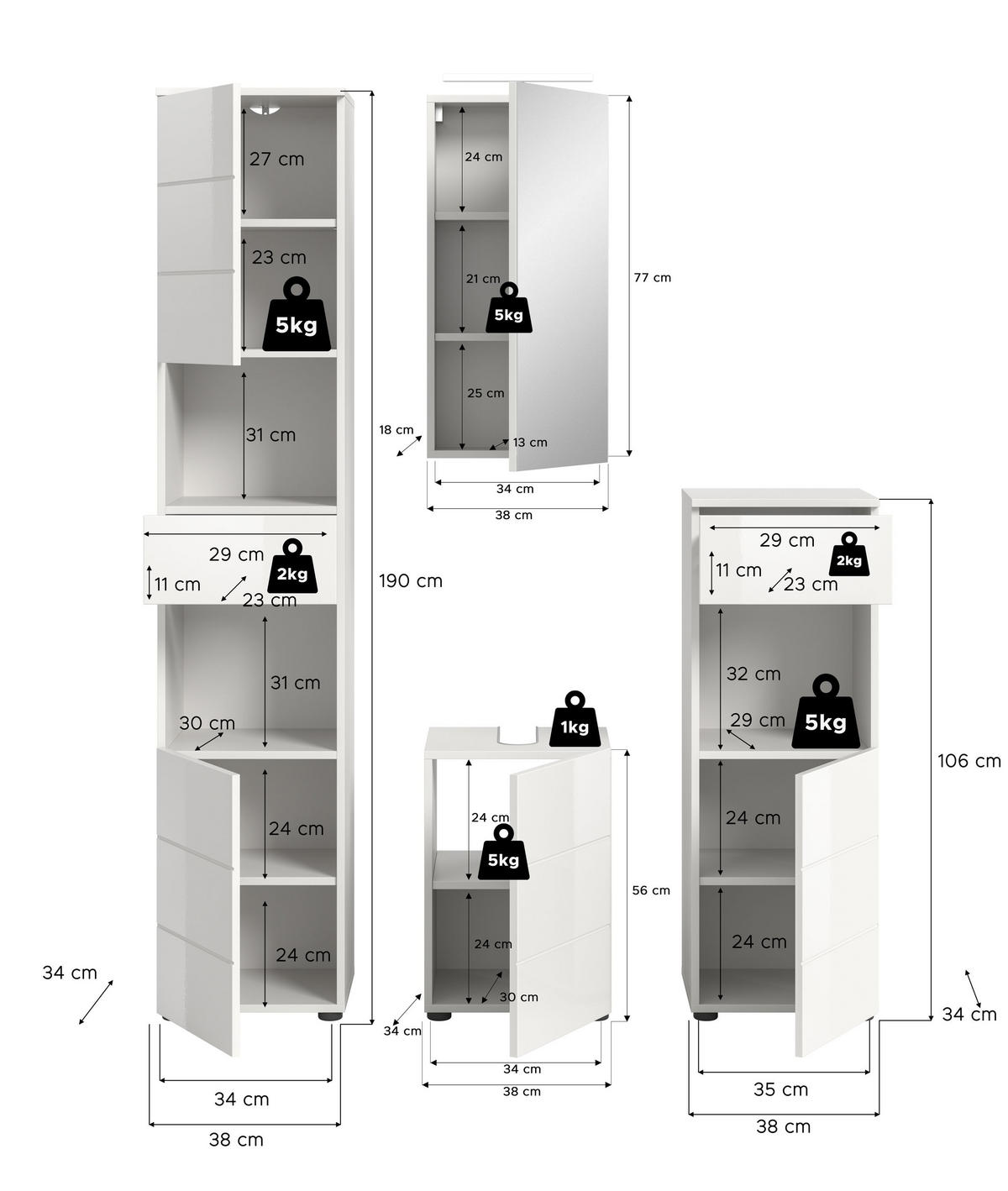 BADKOMBINATION Vira Bad in weiß Melamin und weiß hochglanz B/H/T: 144x190x34 cm - Weiß, Holz (144/190/34cm)