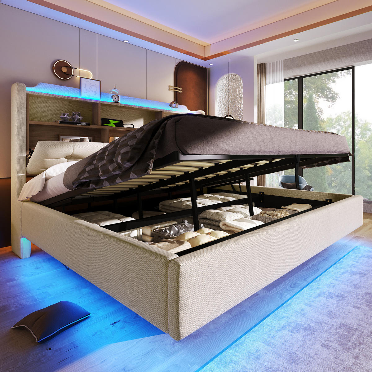 POLSTERBETT 180/200 cm in Beige mit LED, USB, Type-C und Stauraum aus Leinen und MDF - Beige, Holzwerkstoff/Textil (180/200cm) - STILVORA