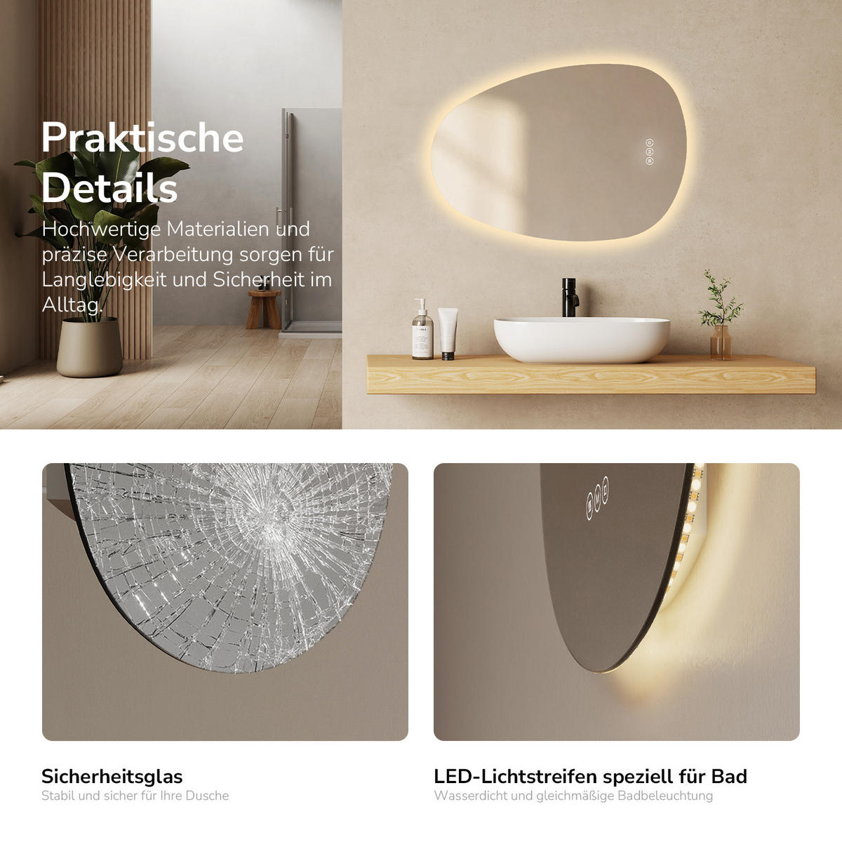 BADSPIEGEL asymmetrisch mit LED-Beleuchtung, Antibeschlag, 65/45/2,5 cm - Transparent, Glas (65/45/2.9cm) - EMKE