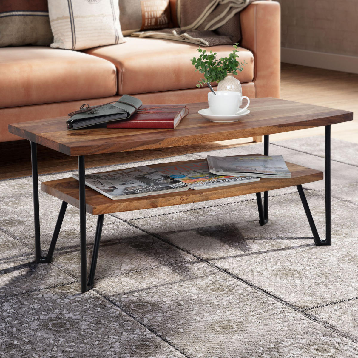 COUCHTISCH Sheesham Massivholz Metall Industrial-Style 90x50x40 cm - Schwarz/Braun, Holz/Metall (50/90/40cm) - KADIMA DESIGN