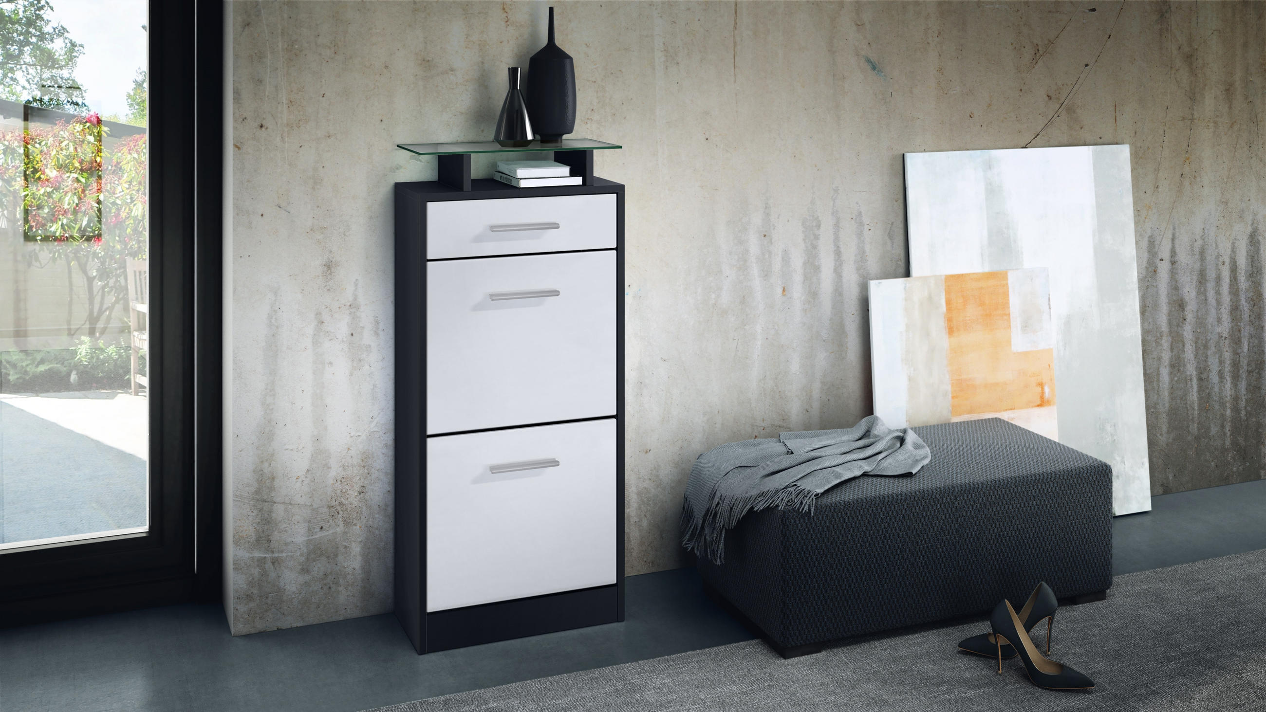 SCHUHSCHRANK Loret Front in Weiß matt - Weiß, Holzwerkstoff (46/104/23cm) - Vladon