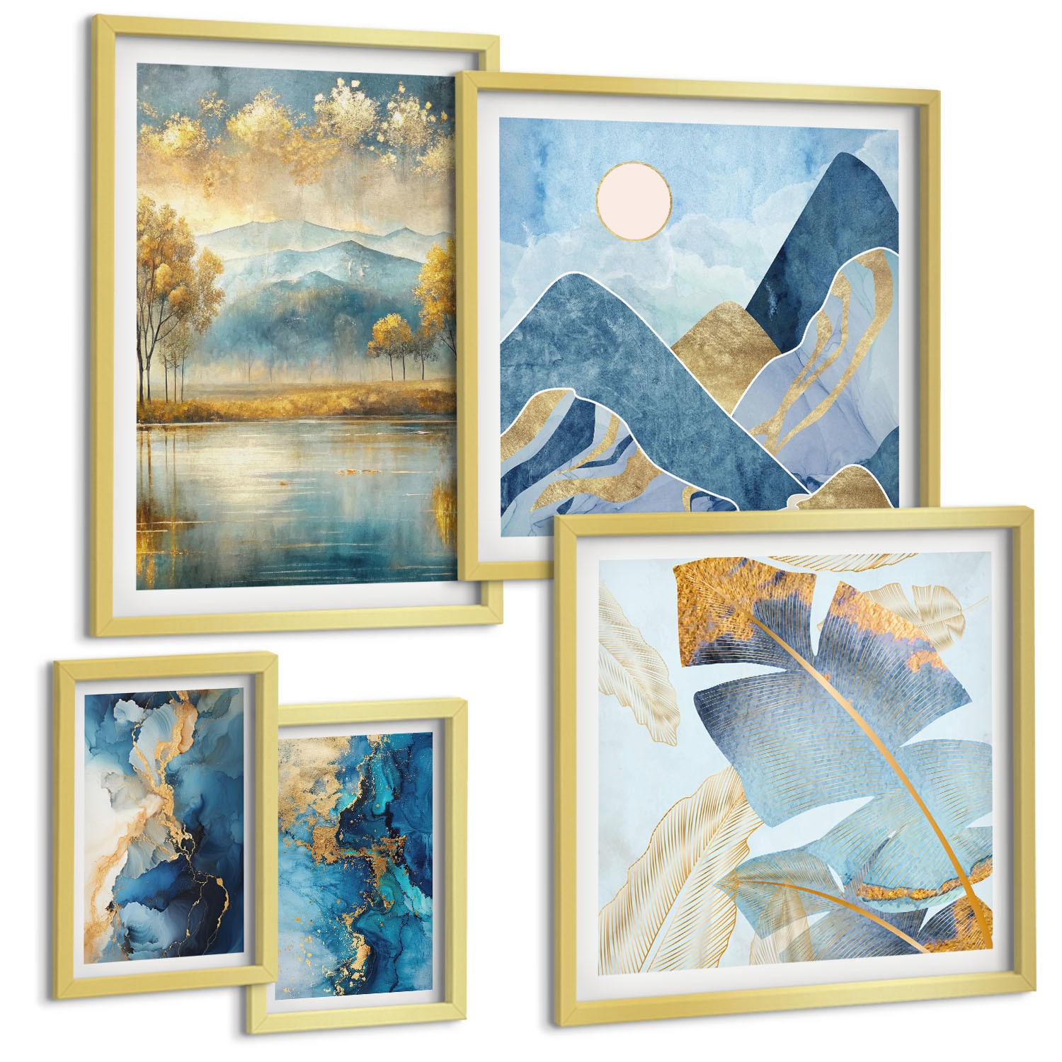 BILDER SET 5er Set - 50x50 cm & 20x30 cm & 40x60 cm Goldrahmen - Goldmuster in den blauen Bergen - Goldfarben, Kunststoff (40/60cm) - TULUP