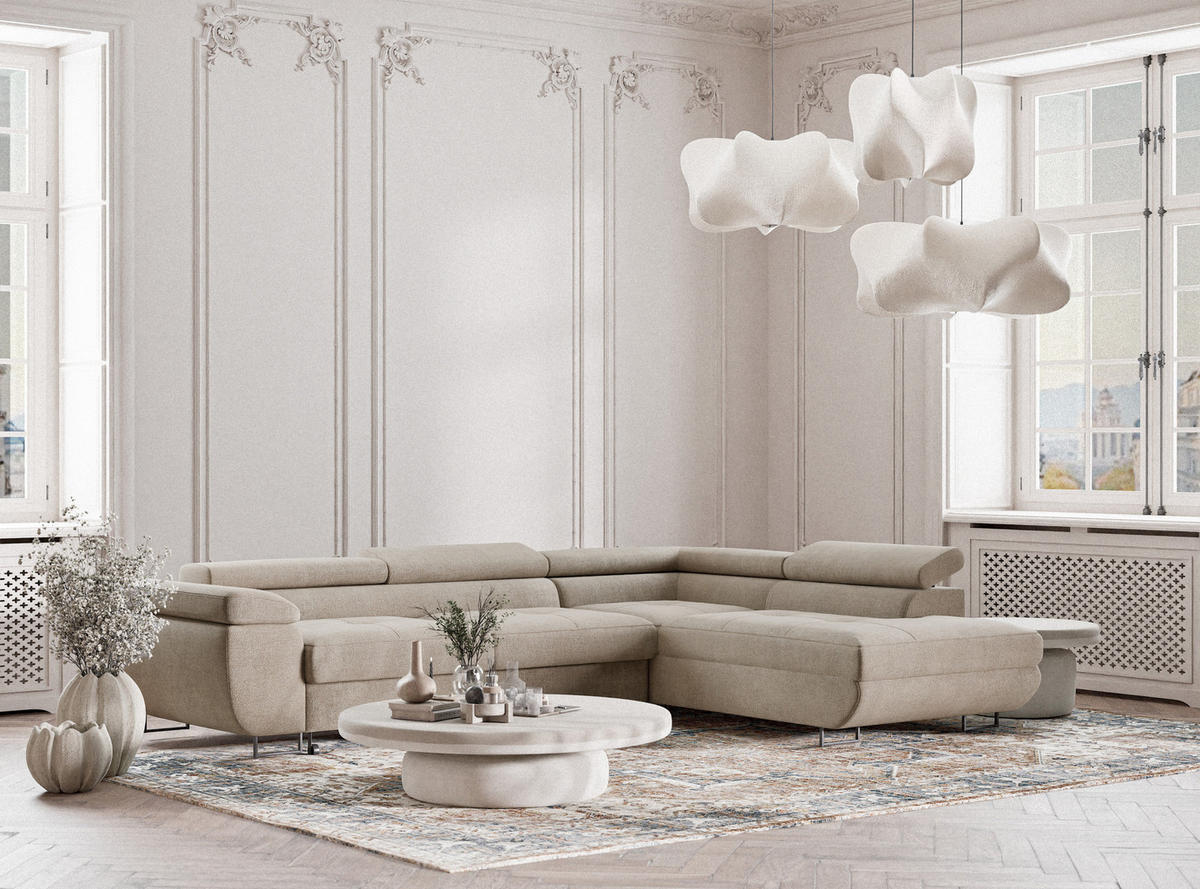 ECKSOFA Concord Beige Chenille-Stoff - Rechts Seite - Beige/Schwarz, Holz/Holzwerkstoff (277/203cm) - Maison de Reve