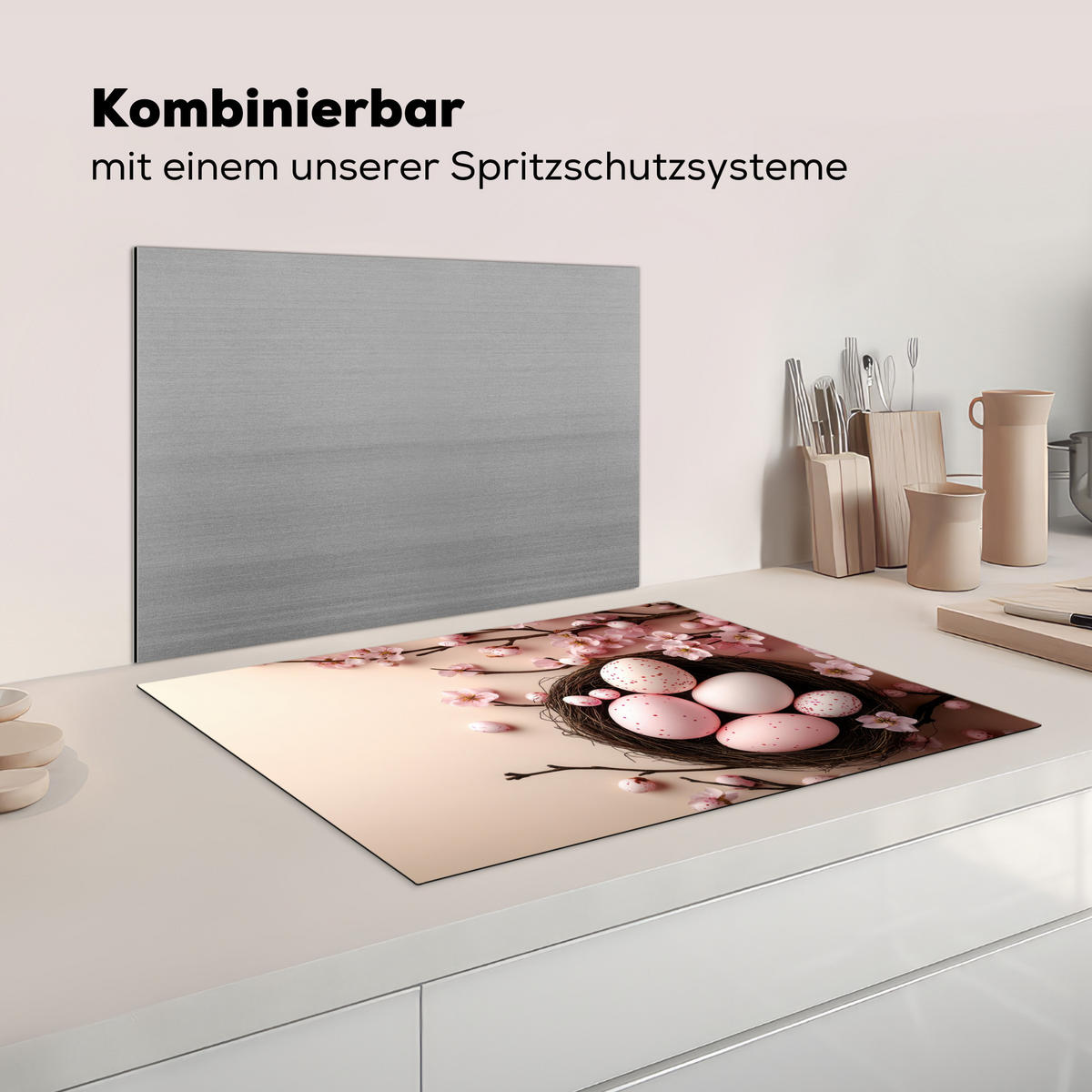 HERDABDECKPLATTE Rosa - Blüten - Eier Herdabdeckung Induktionsfeld 75x52 cm - Hellrosa, Kunststoff (75/52/0.2cm) - MuchoWow