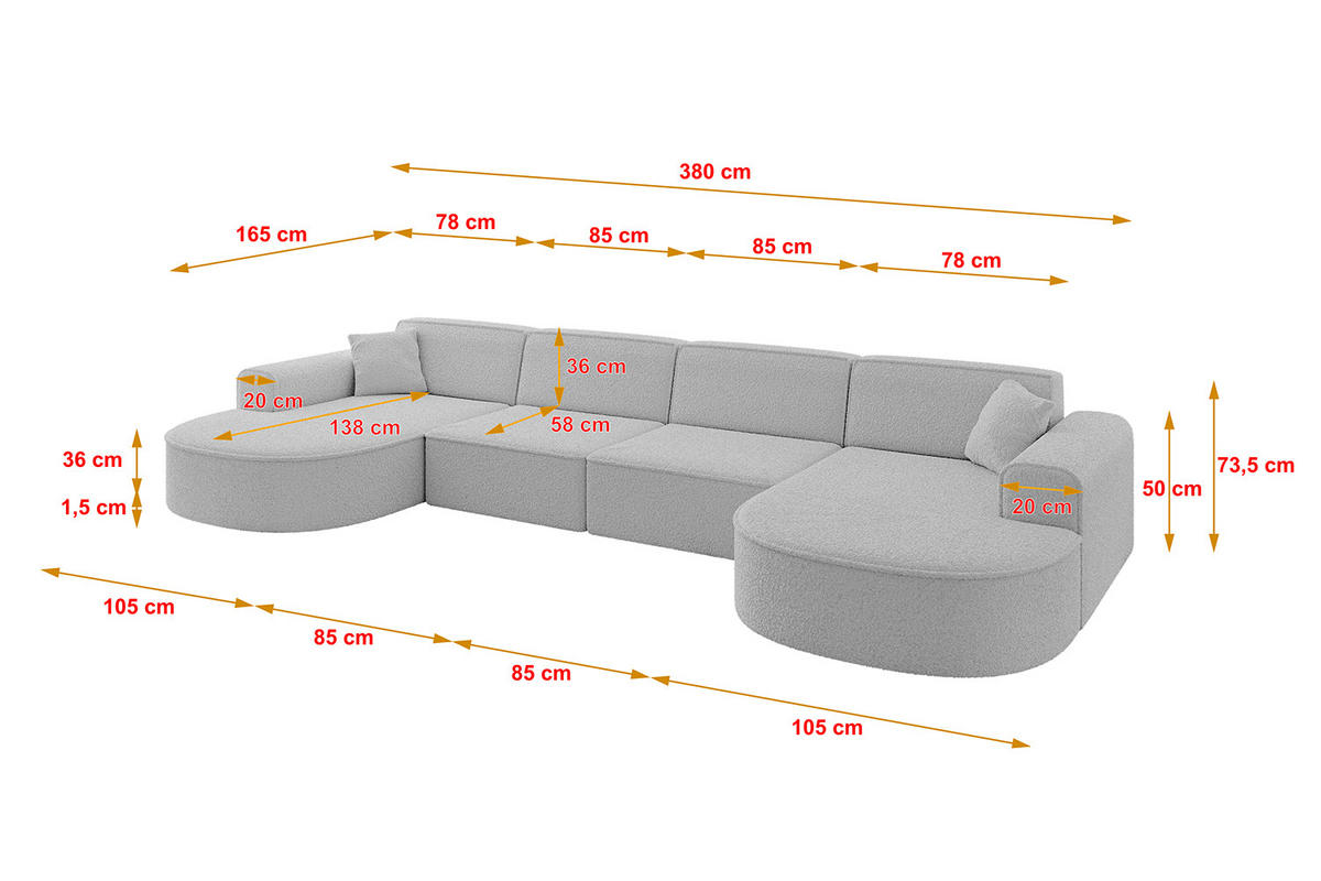 WOHNLANDSCHAFT MARI-U2 - 380x163x73,5 cm Hellgrau Bouclé - Hellgrau/Schwarz, Holzwerkstoff/Kunststoff (380/73.5/163cm) - ALTDECOR