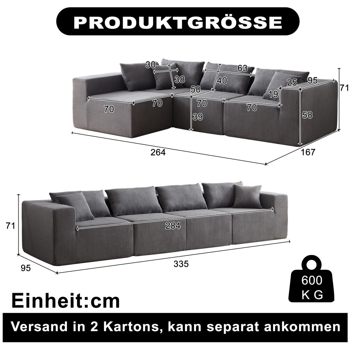 SOFA L-Form modular Cord Grey - Grau, Kunststoff (167/264cm) - Meubliv