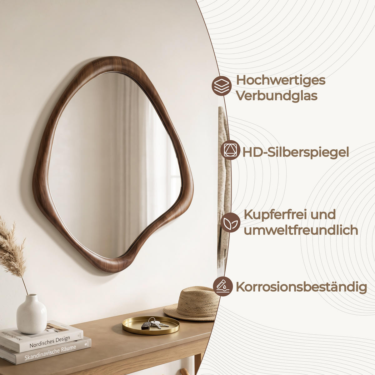 SPIEGEL braun, asymmetrisch, 75 × 60 cm, mit Holzrahmen - Braun, Glas/Holz (59/2.5/75cm) - Hometopia