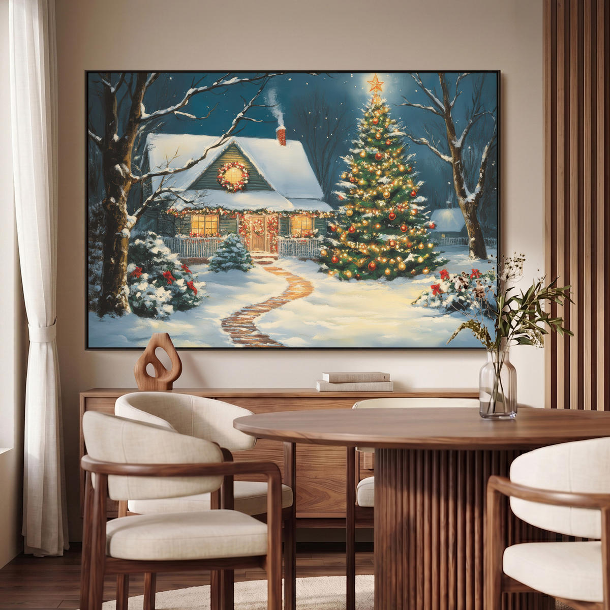 LEINWAND Bilder mit Rahmen - Weihnachten - Weihnachtsbaum - Winter - Zuhause - Schnee - 120x80 - Smaragdgrün, Textil (120/80cm) - MuchoWow