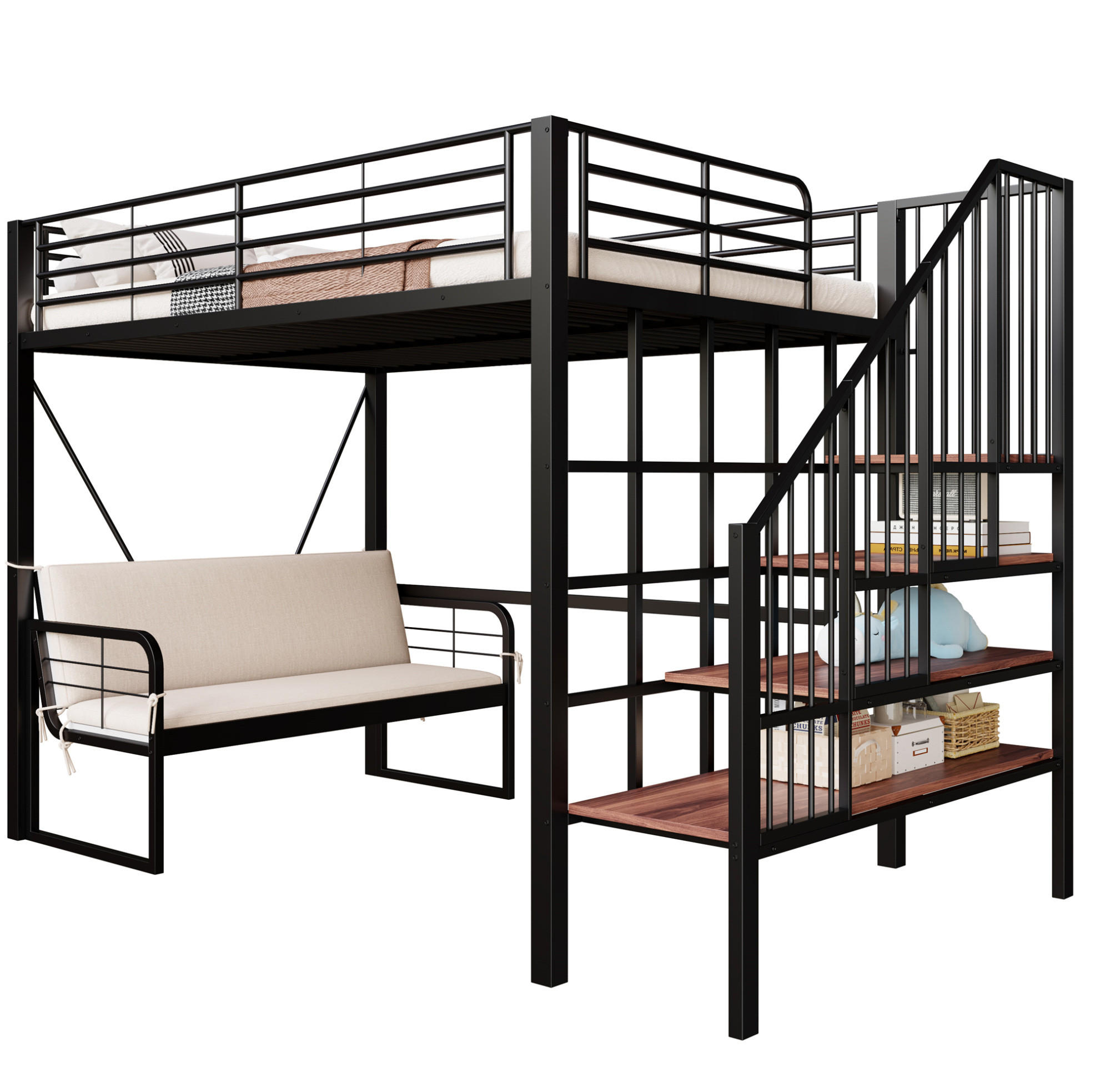 HOCHBETT 140/200 cm aus Metall mit Polstersofa und Stauraumleiter, Schwarz - Schwarz, Metall (140/200cm) - OKMYHOME