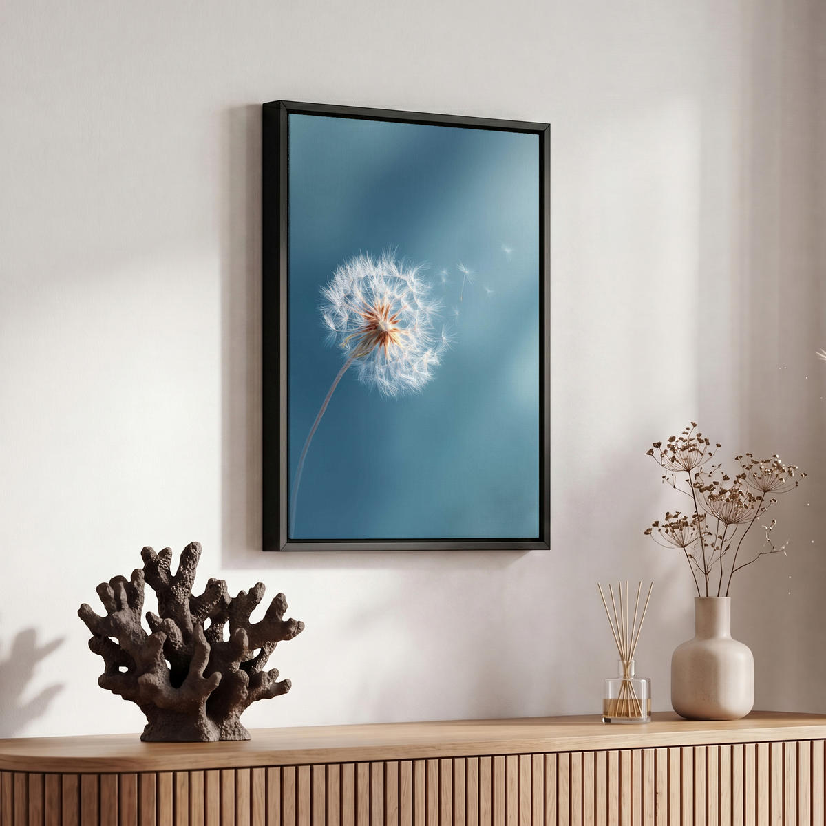 LEINWAND Bilder mit Rahmen - Löwenzahn - Wind - Blau - 20x30 - Blaugrau, Textil (20/30cm) - MuchoWow