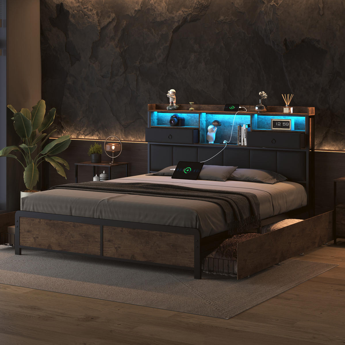 METALLBETT 140x200 cm LED USB 4 Schubladen schwarz - Schwarz, Holz (140/200cm) - LEBENLANG